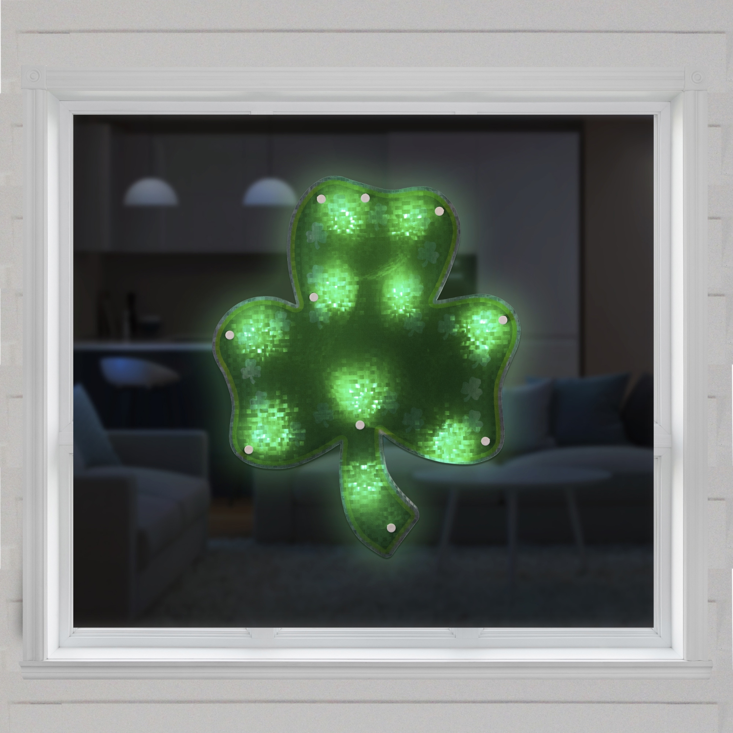 Lighted Green Shamrock St. Patrick's Day Window Silhouette - 14" - Green LED Lights