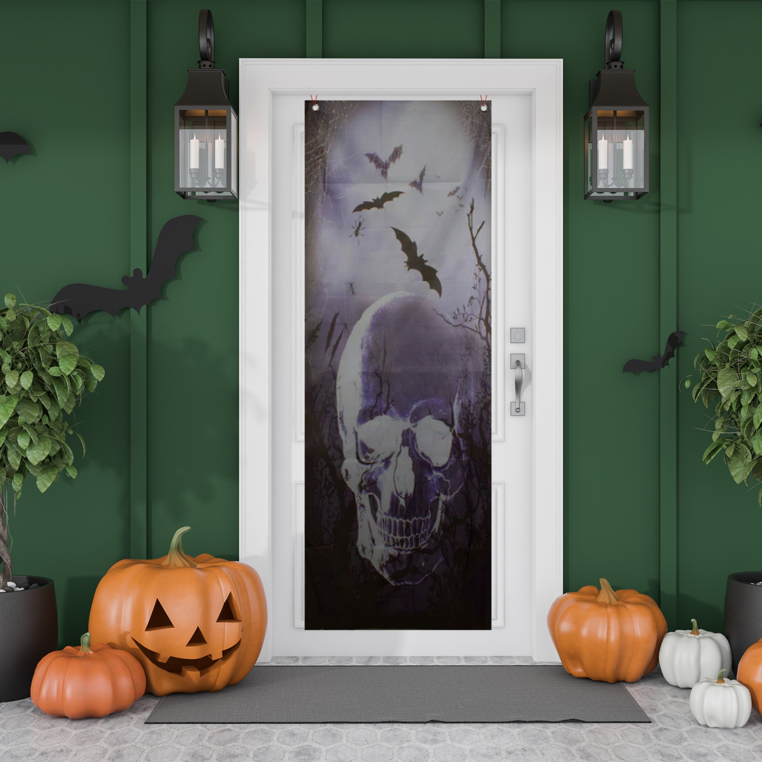 Décoration de porte d'Halloween effrayante avec crâne et chauves-souris - 70,75&nbsp;po
