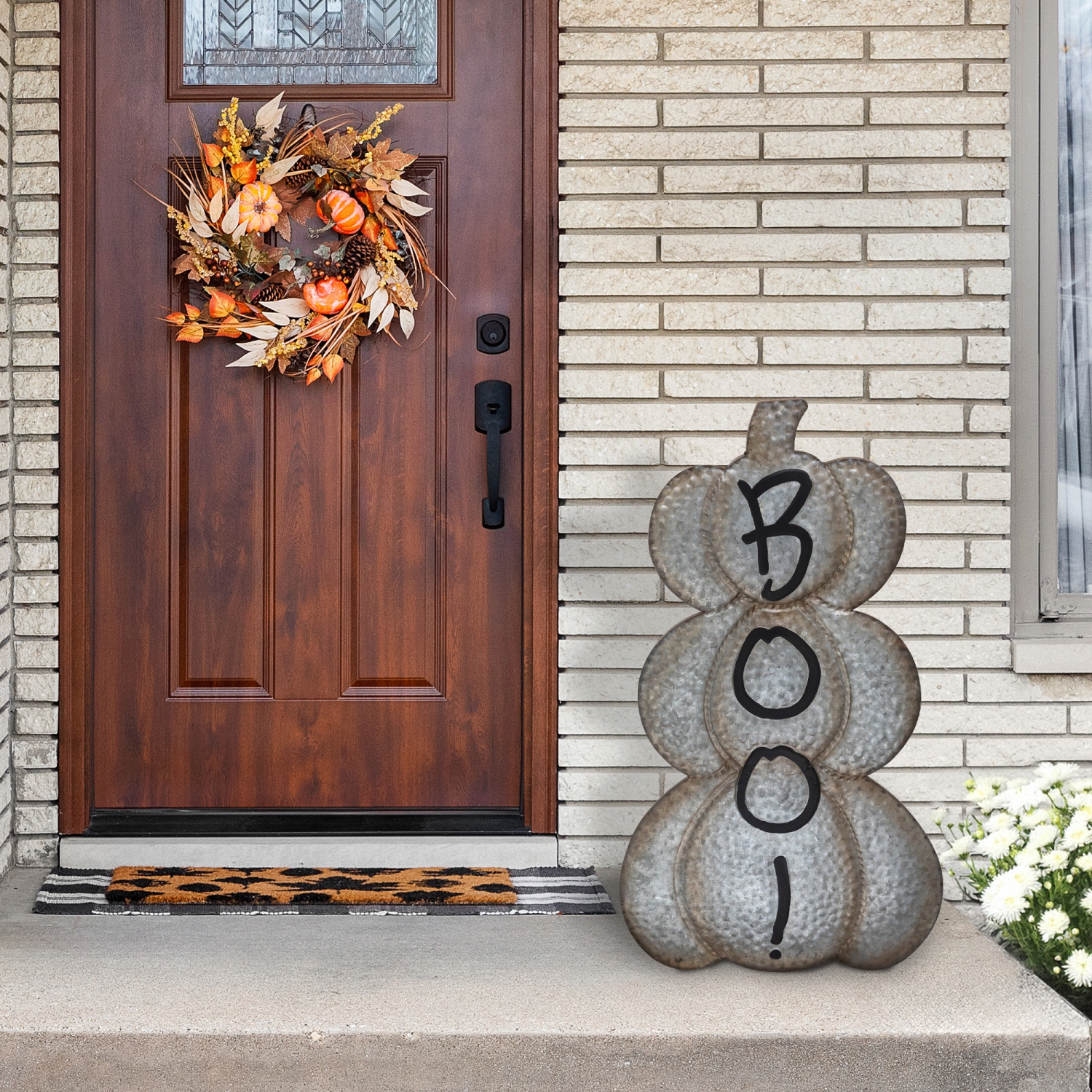 Boo! Stacked Pumpkins Metal Halloween Porch Sign - 28" - Silver