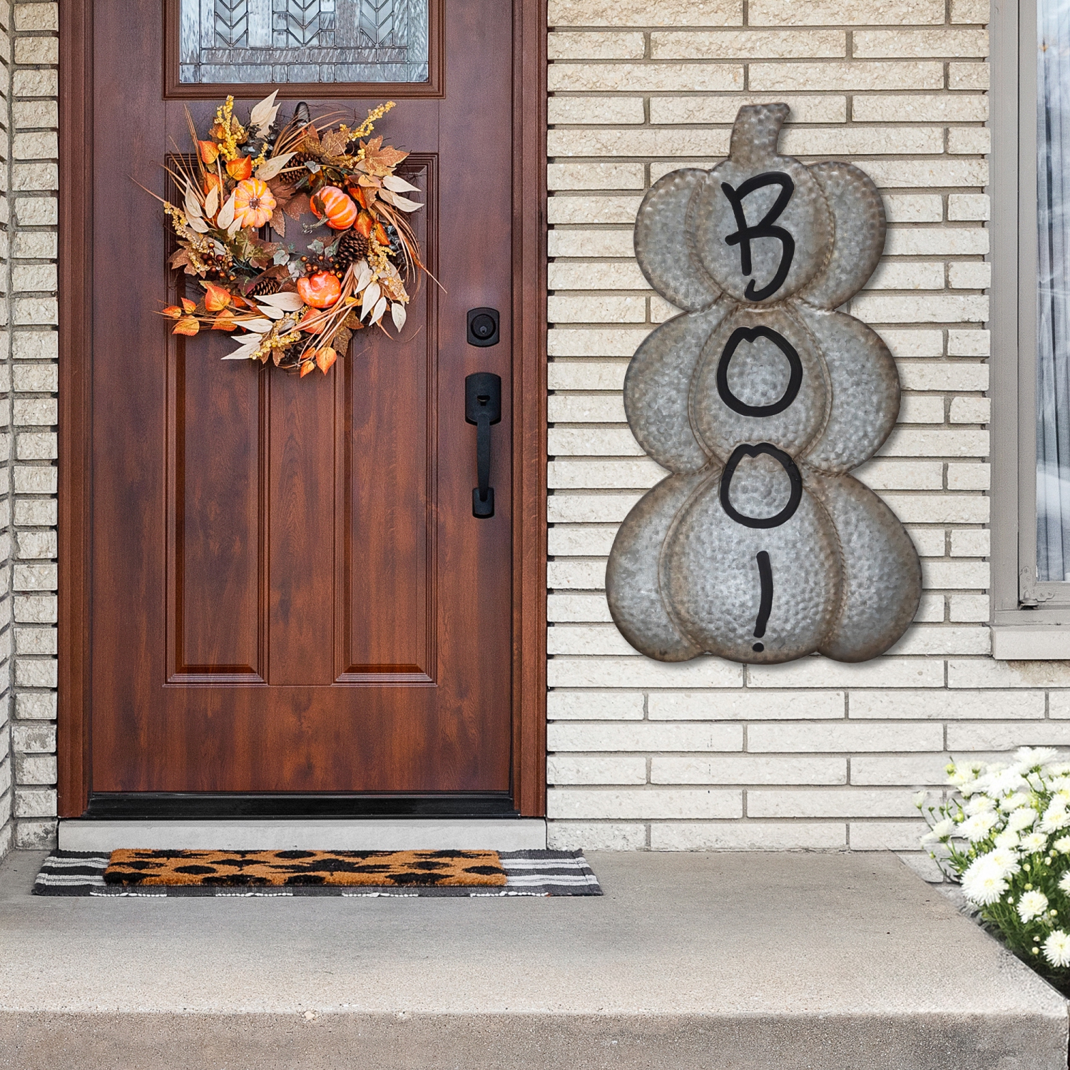 Boo! Stacked Pumpkins Metal Halloween Porch Sign - 28" - Silver