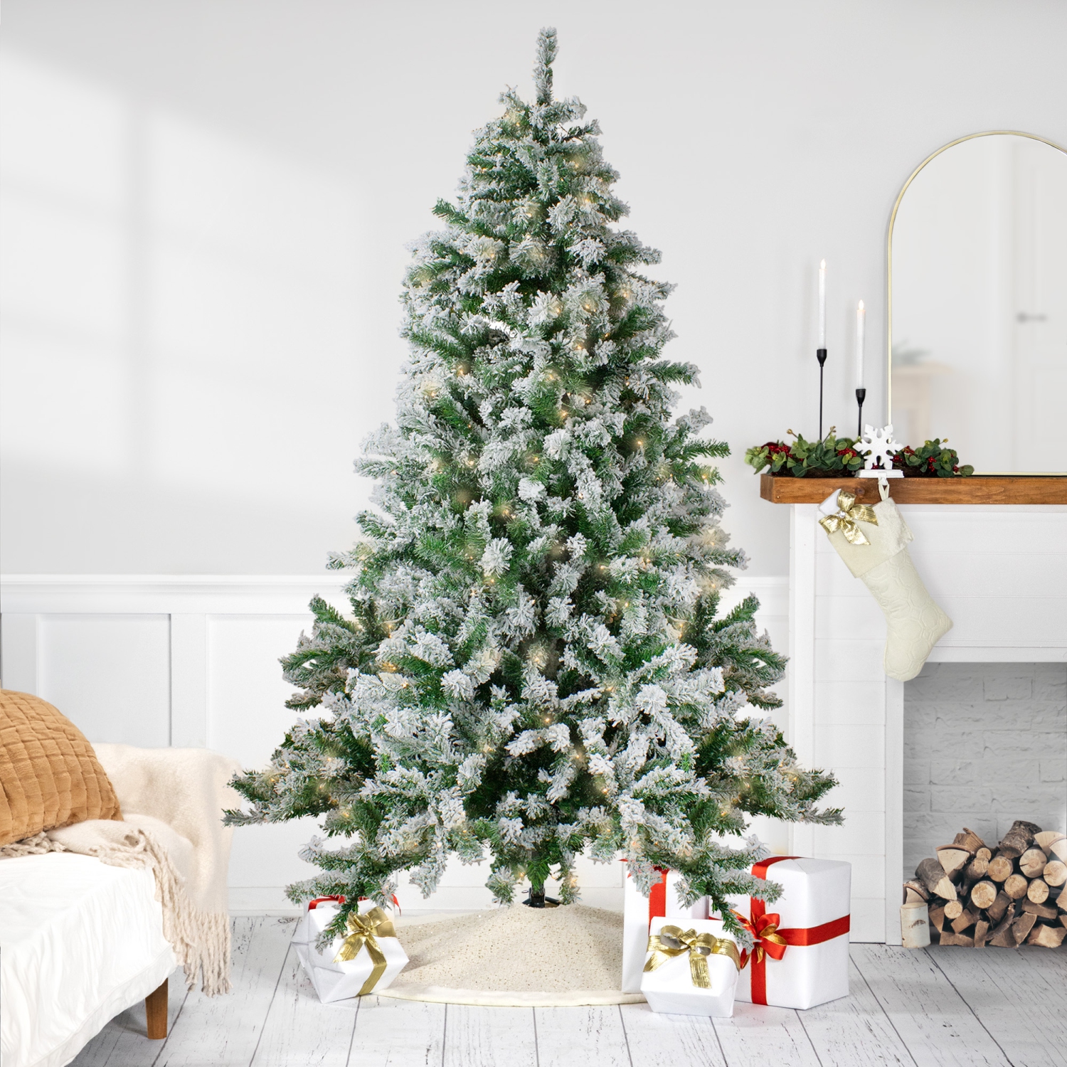 Pre-Lit LED Medium Flocked Winter Park Fir Artificial Christmas Tree - 7.5' - Warm Clear