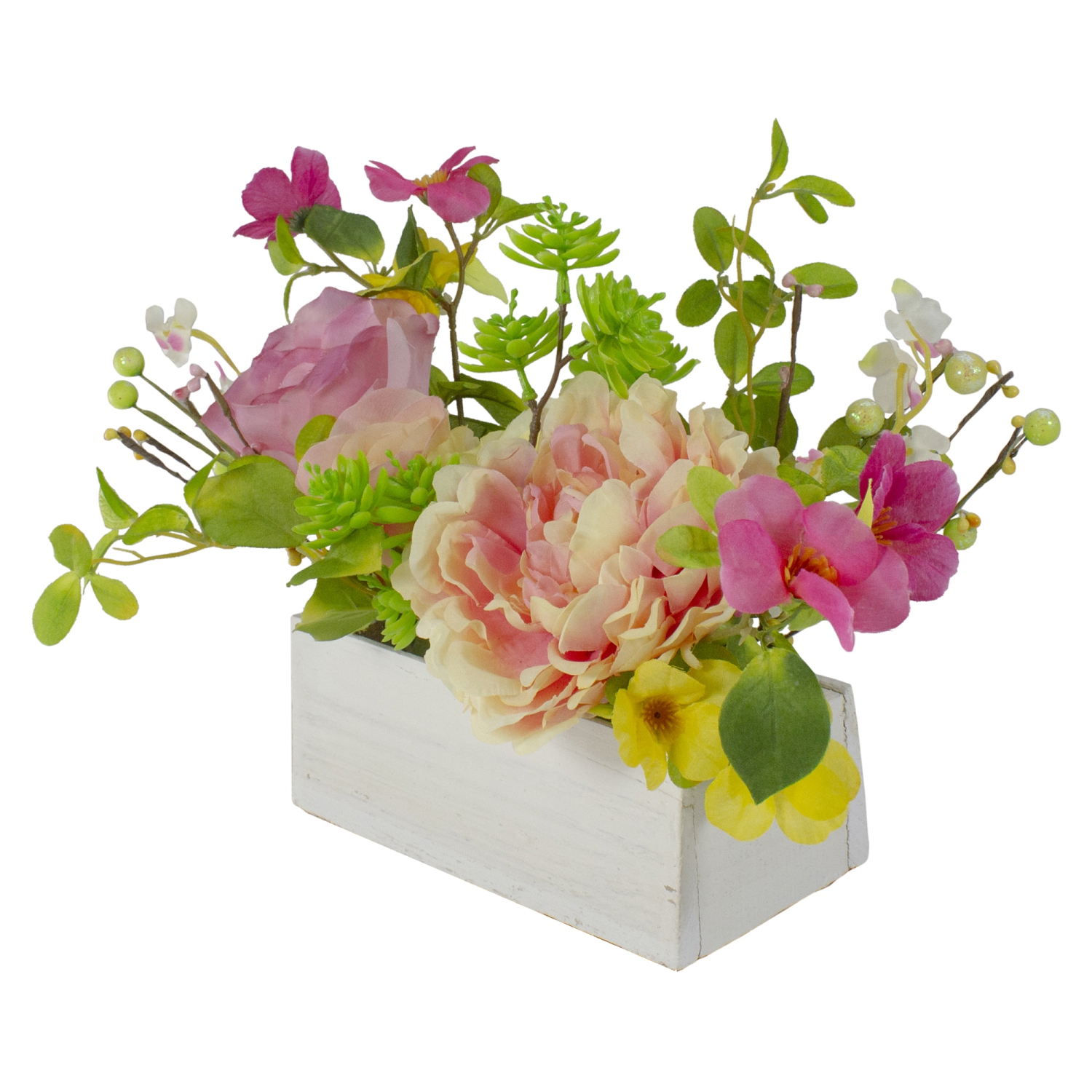 Artificial Roses and Peony Floral Arrangement in Planter - 14" - Pink and Yellow