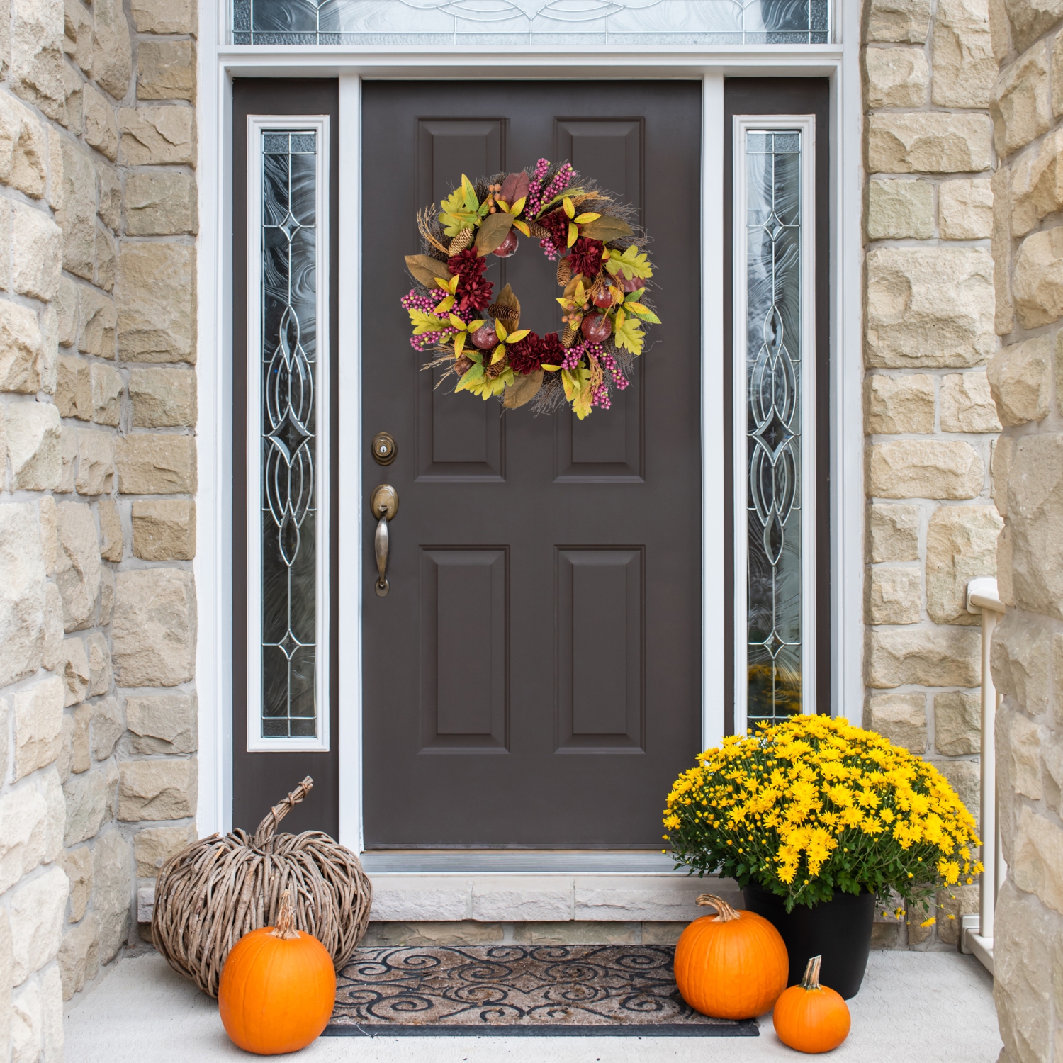 Mums and Pomegranates Artificial Fall Harvest Twig Wreath, 24-Inch