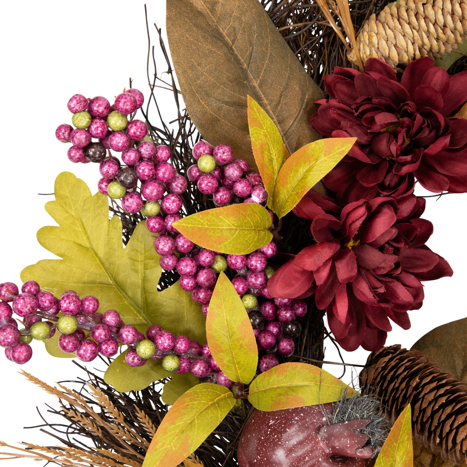 Mums and Pomegranates Artificial Fall Harvest Twig Wreath, 24-Inch