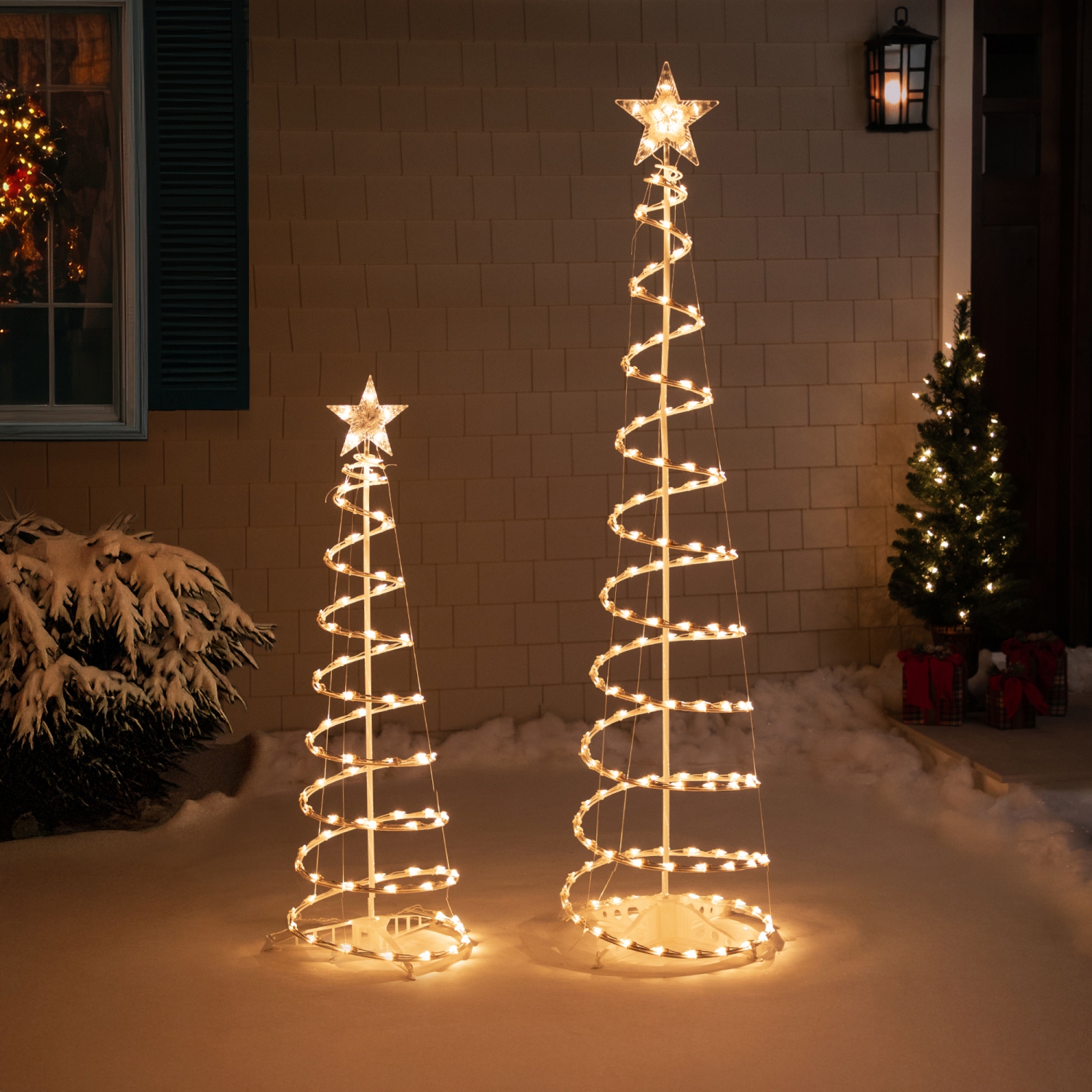 Lighted Spiral Outdoor Christmas Trees - 4' and 6' - Clear - Set of 2