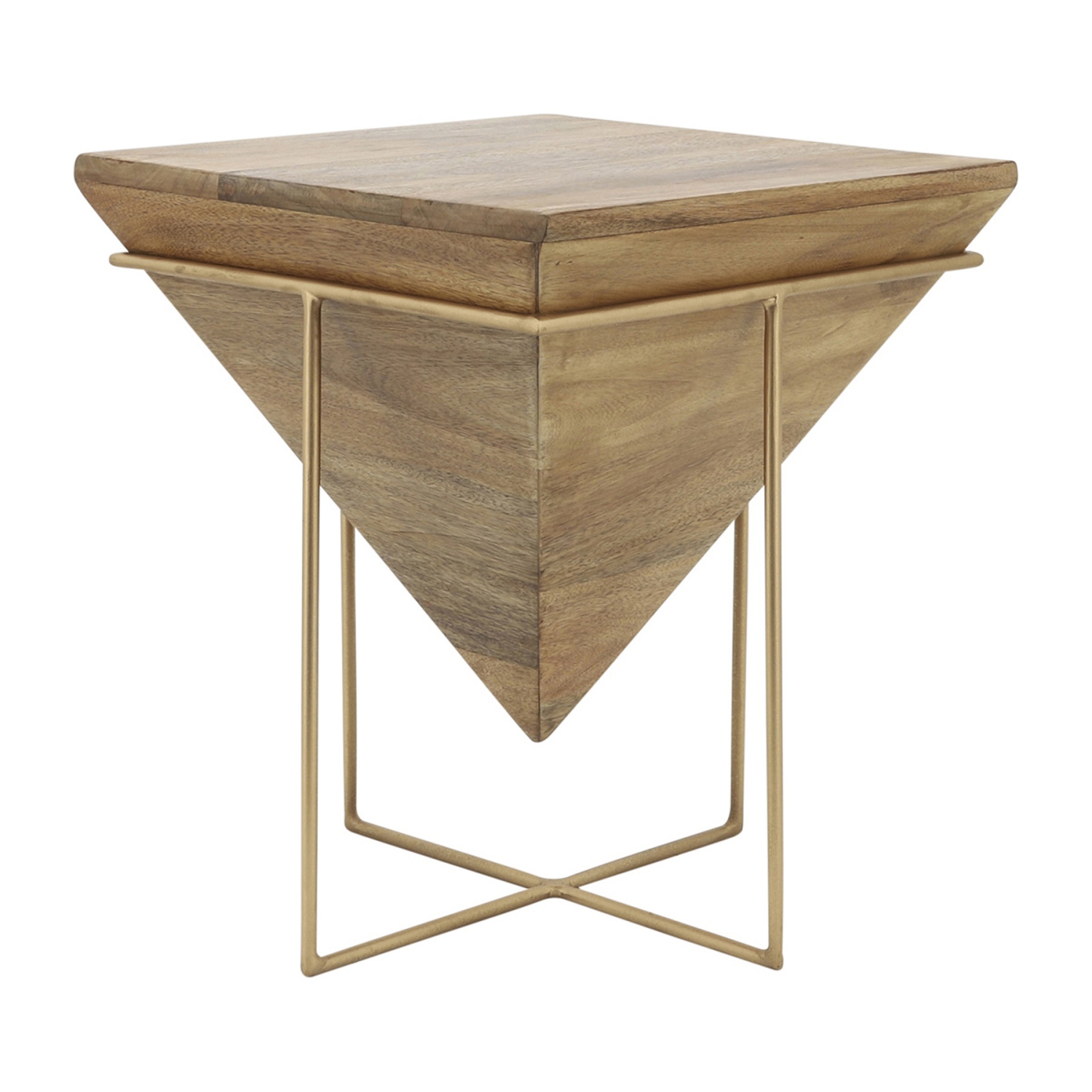 17.5" Brown and Gold Inverted Mango Wood Pyramid Side Table