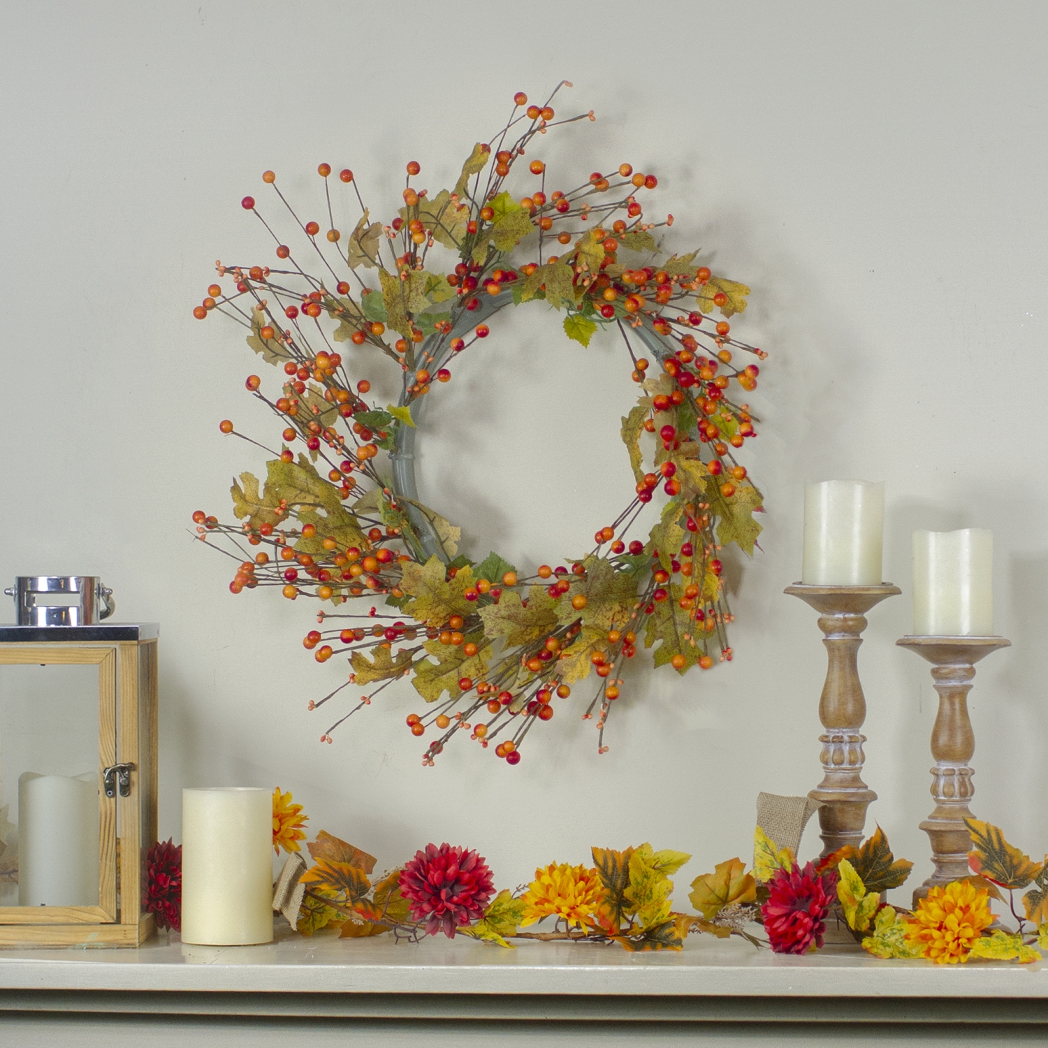 Orange Berries and Yellow Leaves Fall Harvest Artificial Wreath, 22"