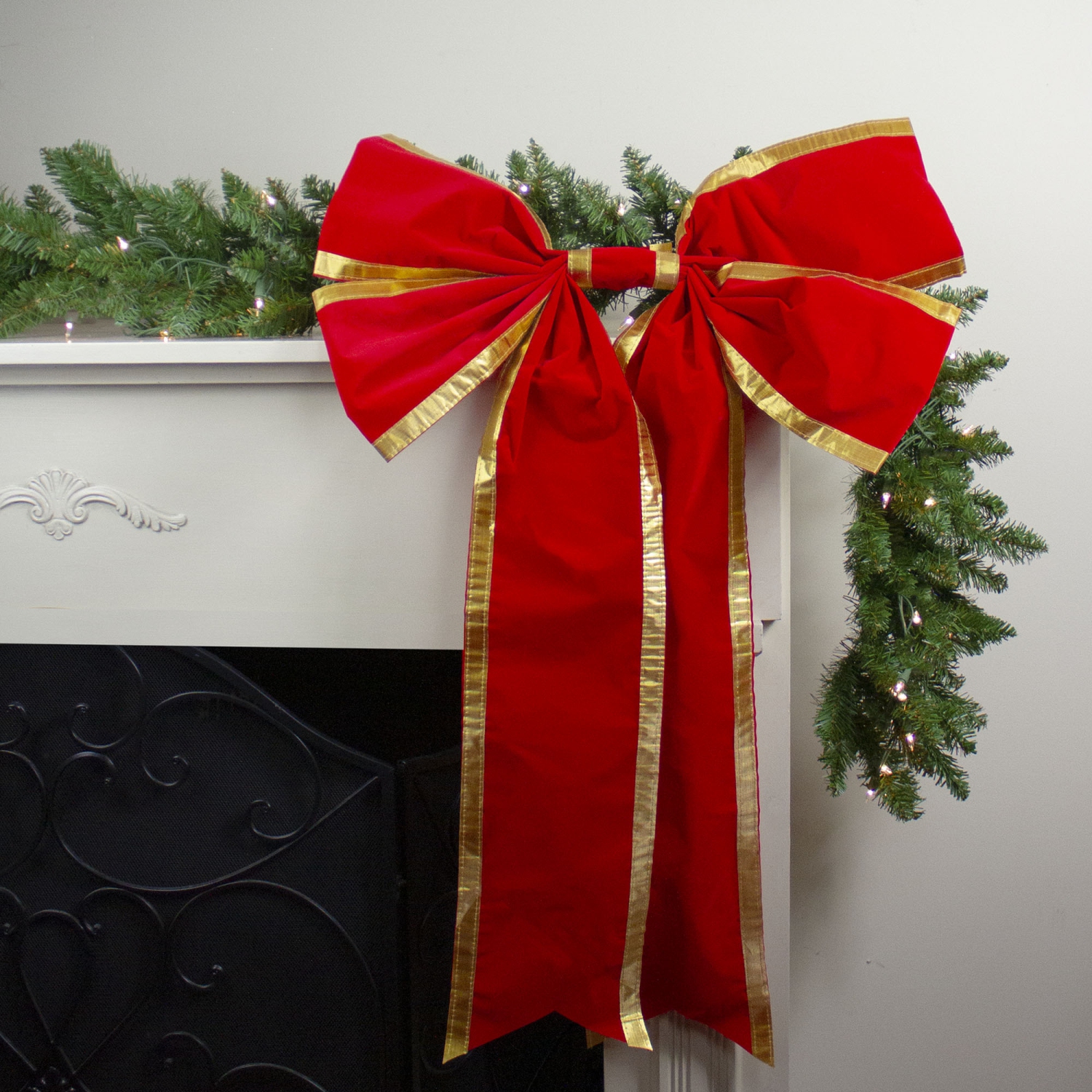 24" x 38" Red 4-Loop Velveteen Christmas Bow with Gold Trim