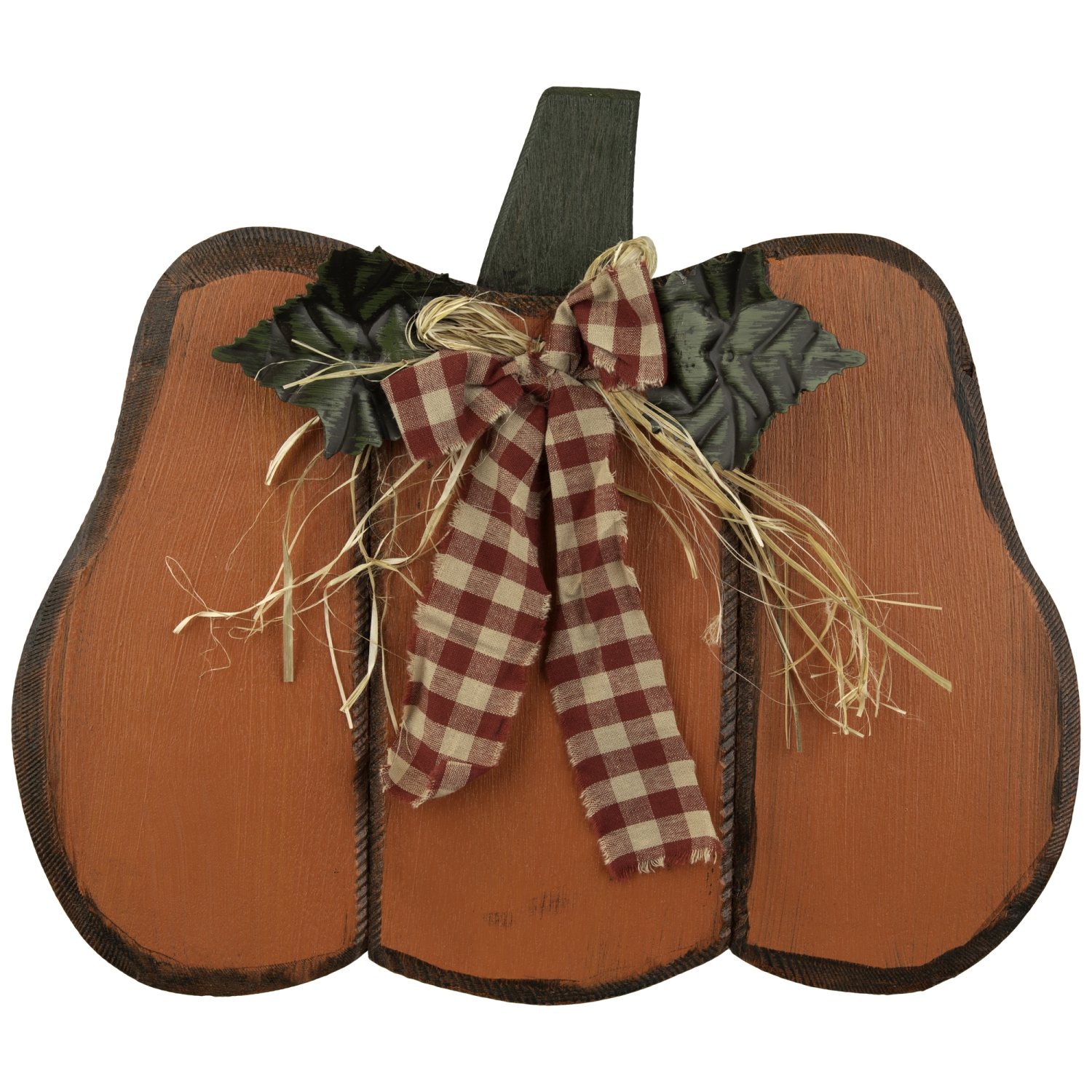 Wooden Pumpkin with Gingham Bow Fall Harvest Decoration - 15.25"