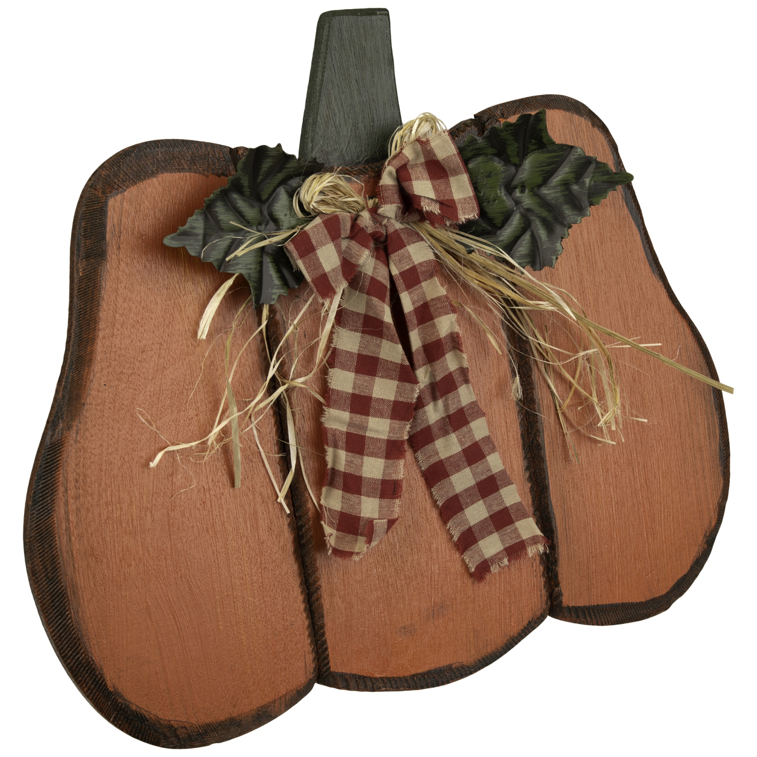 Wooden Pumpkin with Gingham Bow Fall Harvest Decoration - 15.25"