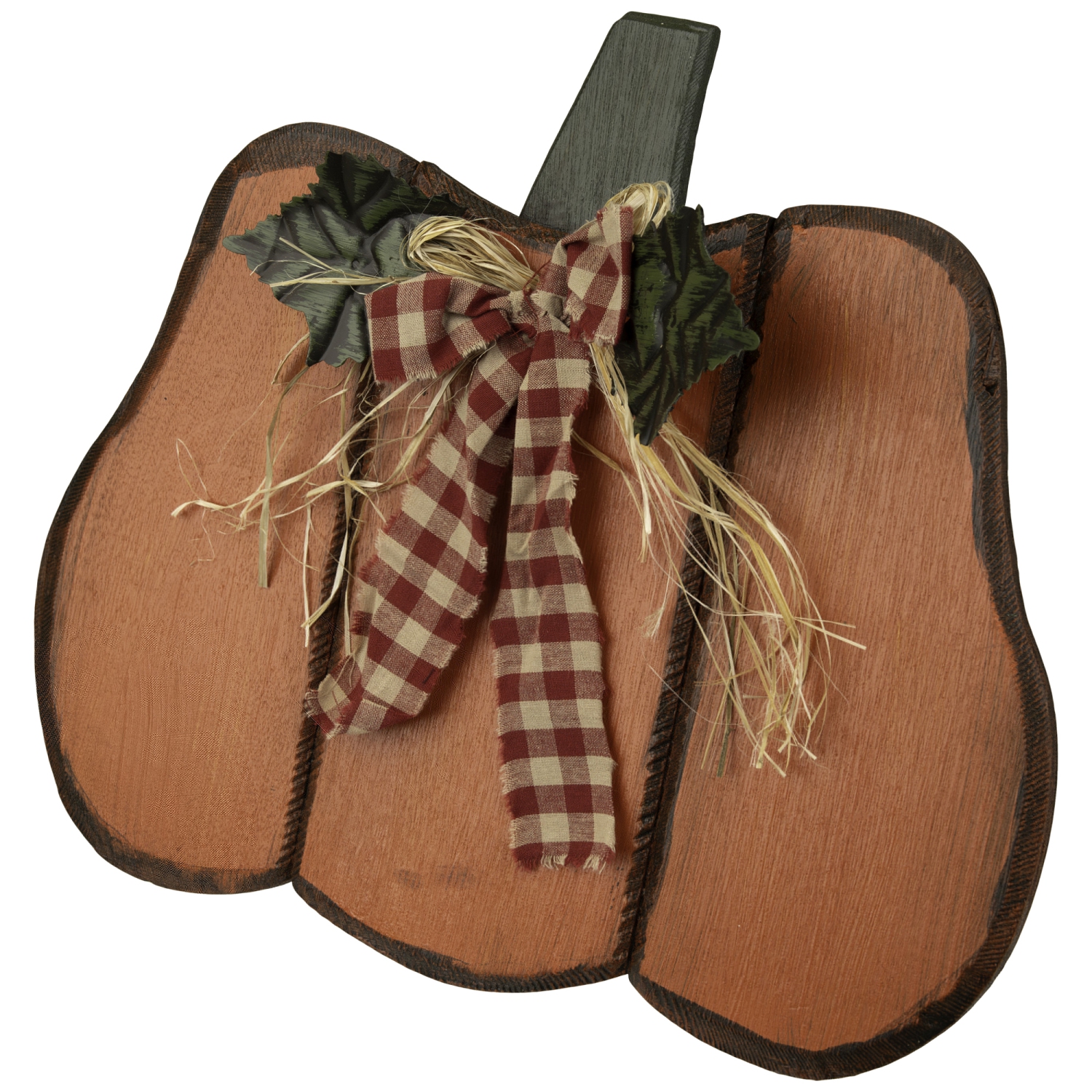 Wooden Pumpkin with Gingham Bow Fall Harvest Decoration - 15.25"