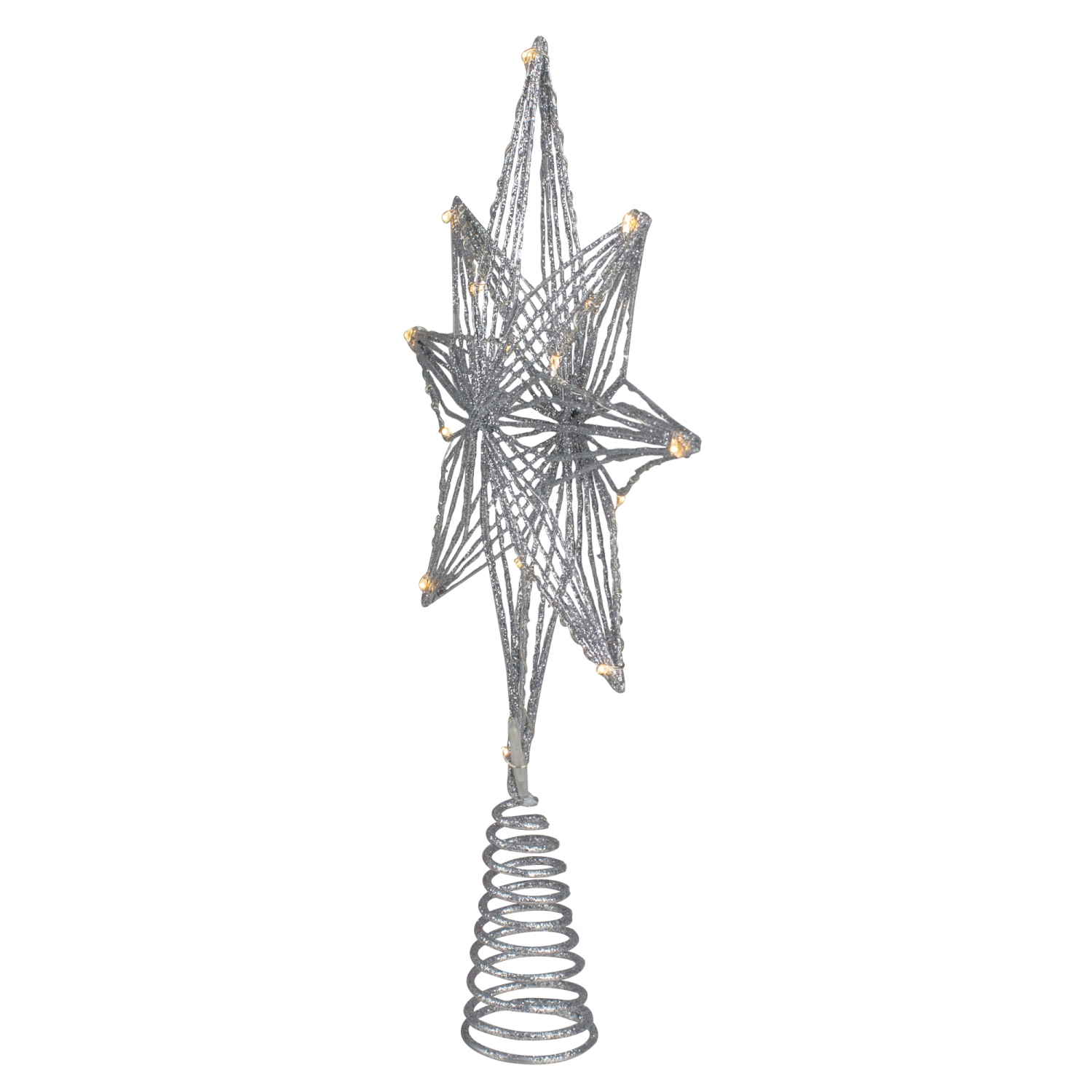 13.75" LED Lighted B/O Silver Glittered Geometric Star Christmas Tree Topper - Warm White Lights