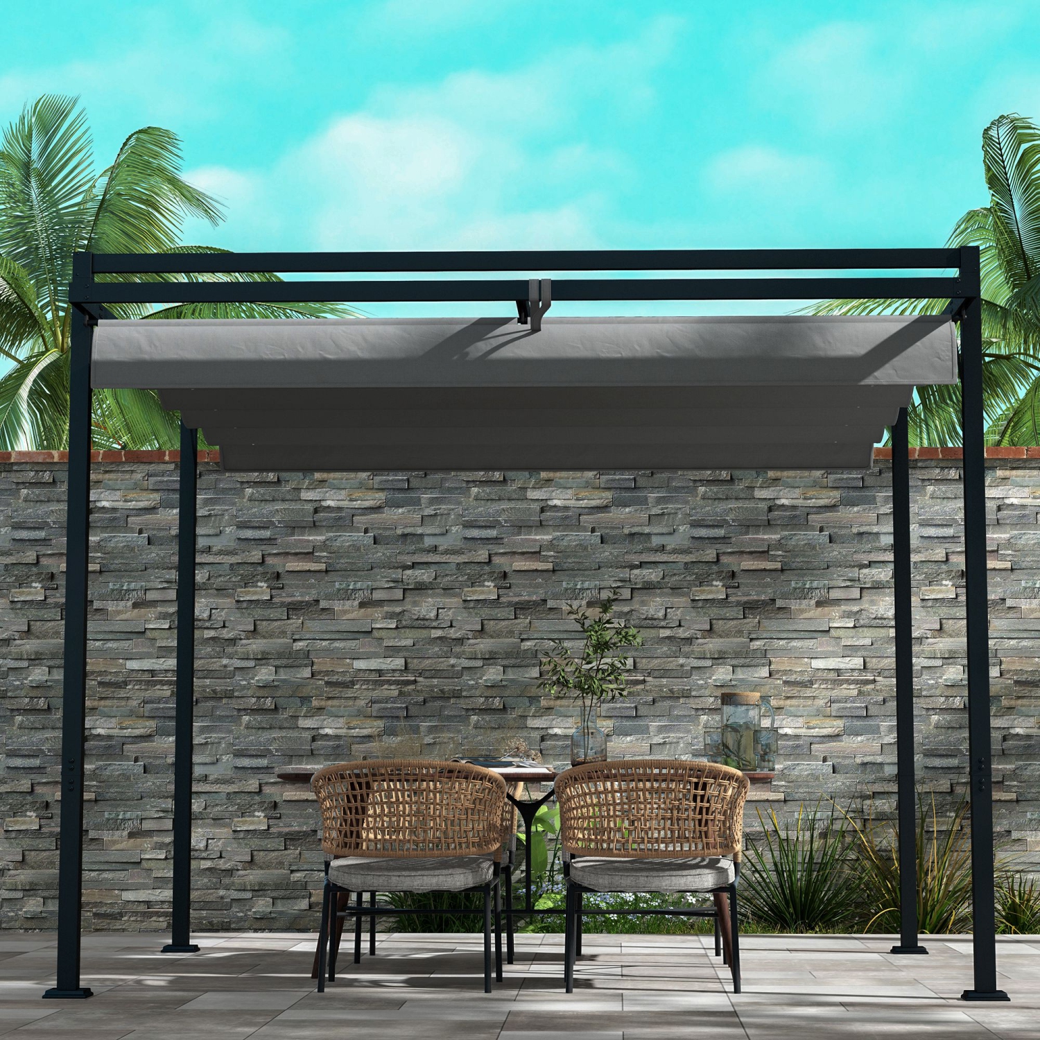 Outsunny 10' x 10' Retractable Pergola Canopy, Garden Gazebo Outdoor Shade Shelter for Grill, Patio, Deck, Dark Grey