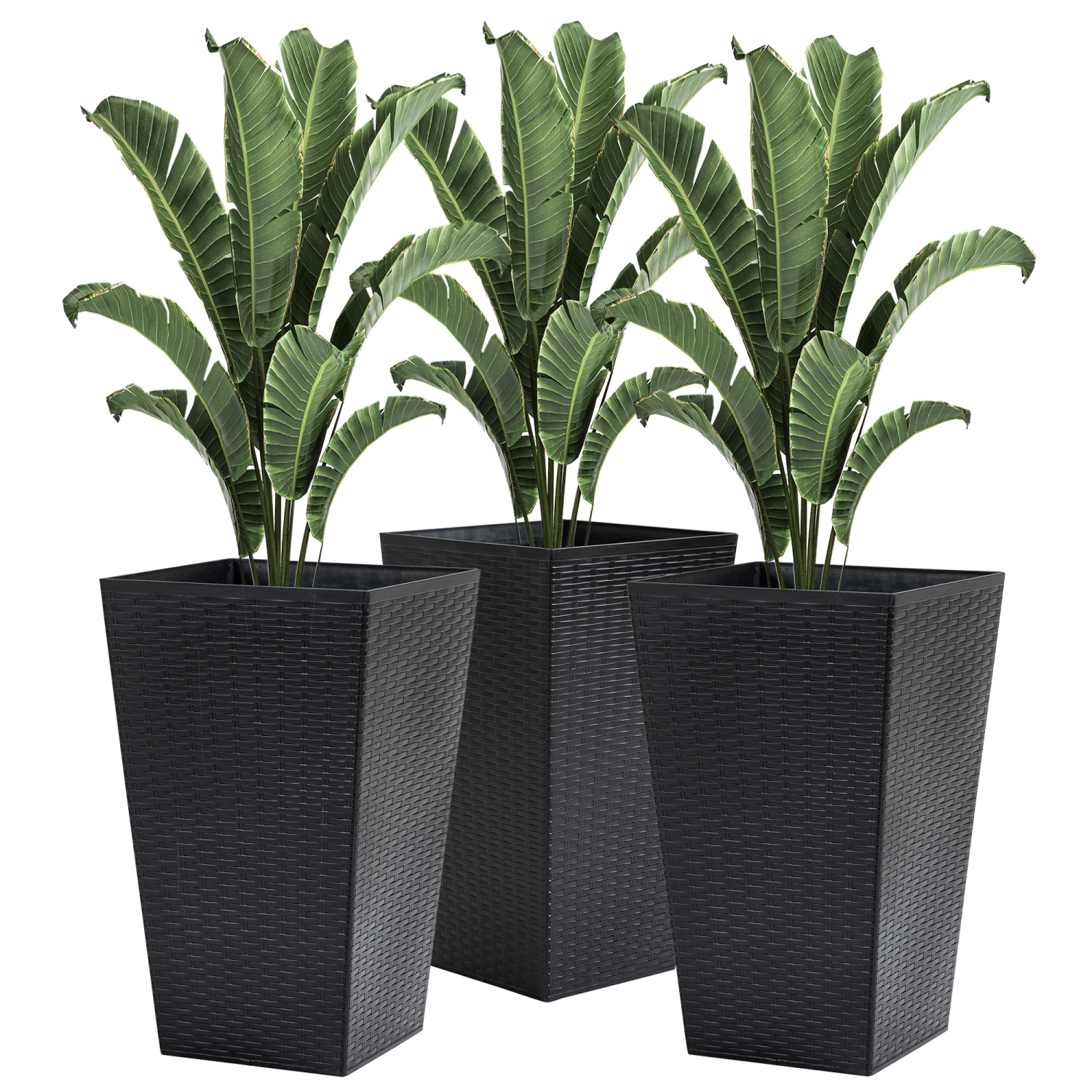 Outsunny Set of 3 Tall Planters for Outdoor Plants with Drainage Hole, Indoor Outdoor Planter Flower Pot Set for Front Door, Entryway, Patio and Deck, Black