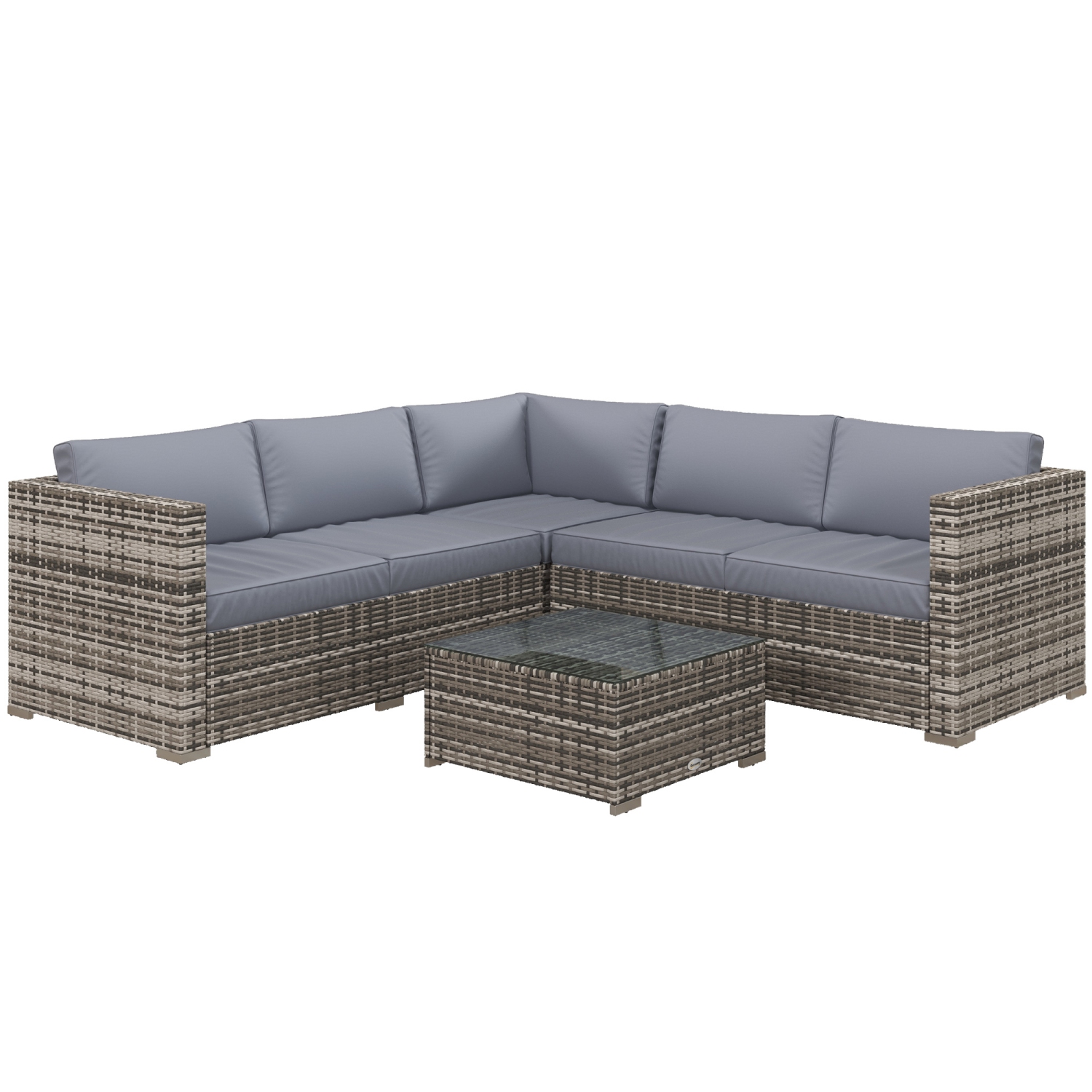 Outsunny 4 Pieces Garden Rattan Furniture Set, Wicker Patio Furniture Outdoor Conversation Set with Corner Sofa Loveseats Coffee Table Cushions for Backyard Pool, Grey