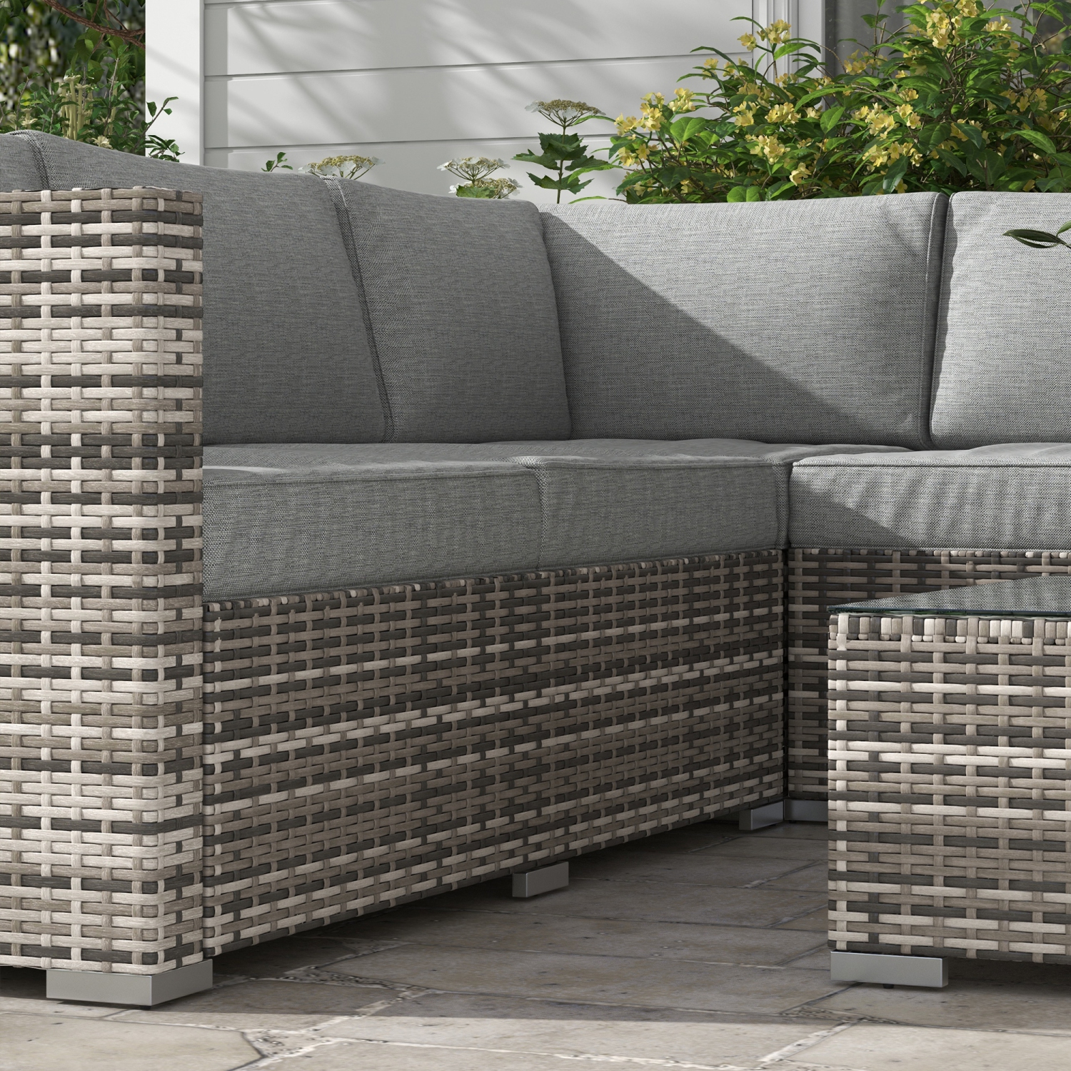 Outsunny 4 Pieces Garden Rattan Furniture Set, Wicker Patio Furniture Outdoor Conversation Set with Corner Sofa Loveseats Coffee Table Cushions for