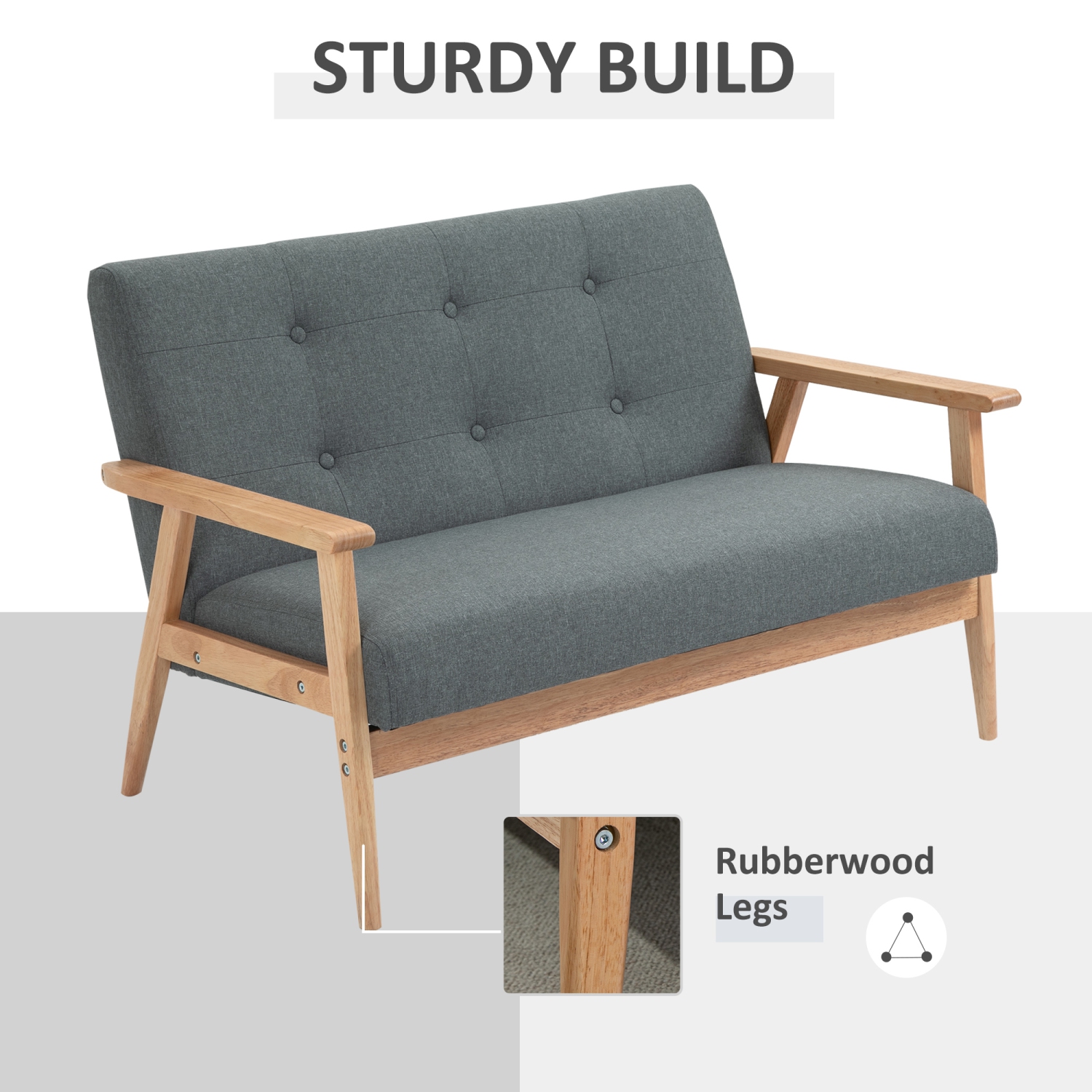 HOMCOM 45" Loveseat Sofa for Bedroom, Modern Love Seats Furniture, Upholstered 2 Seater Couch with Rubber Wood Legs for Living Room, Dark Grey