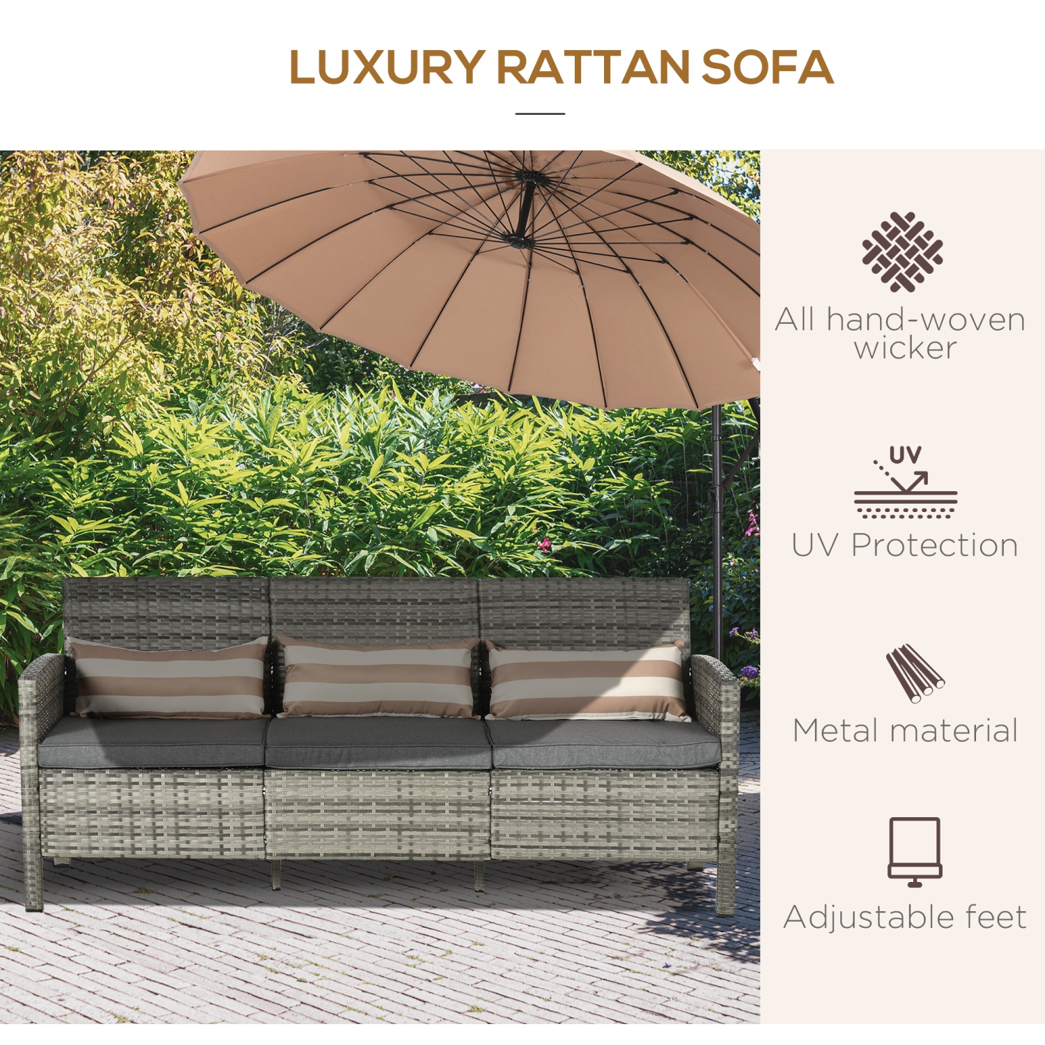 Outsunny 3-Seater Wicker Outdoor Sofa with Cushions and Pillows, PE Rattan Outdoor Couch, Steel Frame Patio Couch Conversation Furniture for Garden