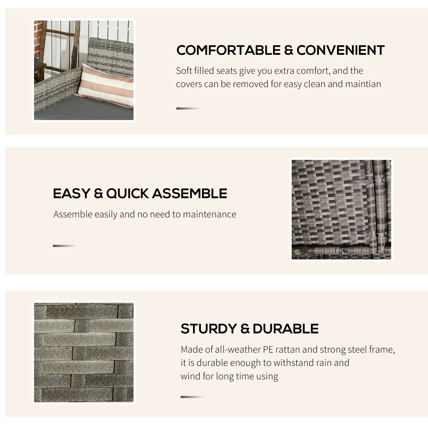 Outsunny 3-Seater Wicker Outdoor Sofa with Cushions and Pillows, PE Rattan Outdoor Couch, Steel Frame Patio Couch Conversation Furniture for Garden