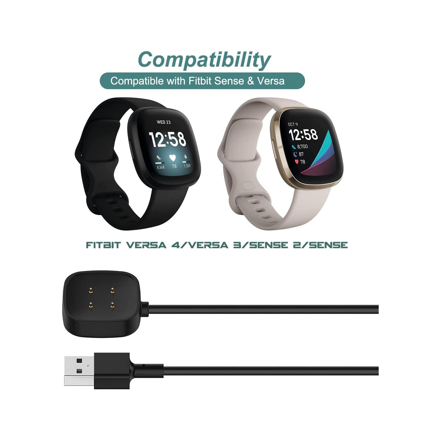 Charging Cable Compatible with Fitbit Versa 4/Versa 3/Sense 2/Sense Smartwatch, Magnetic Portable USB Charger Cable Dock Cable Cord 1M, Black