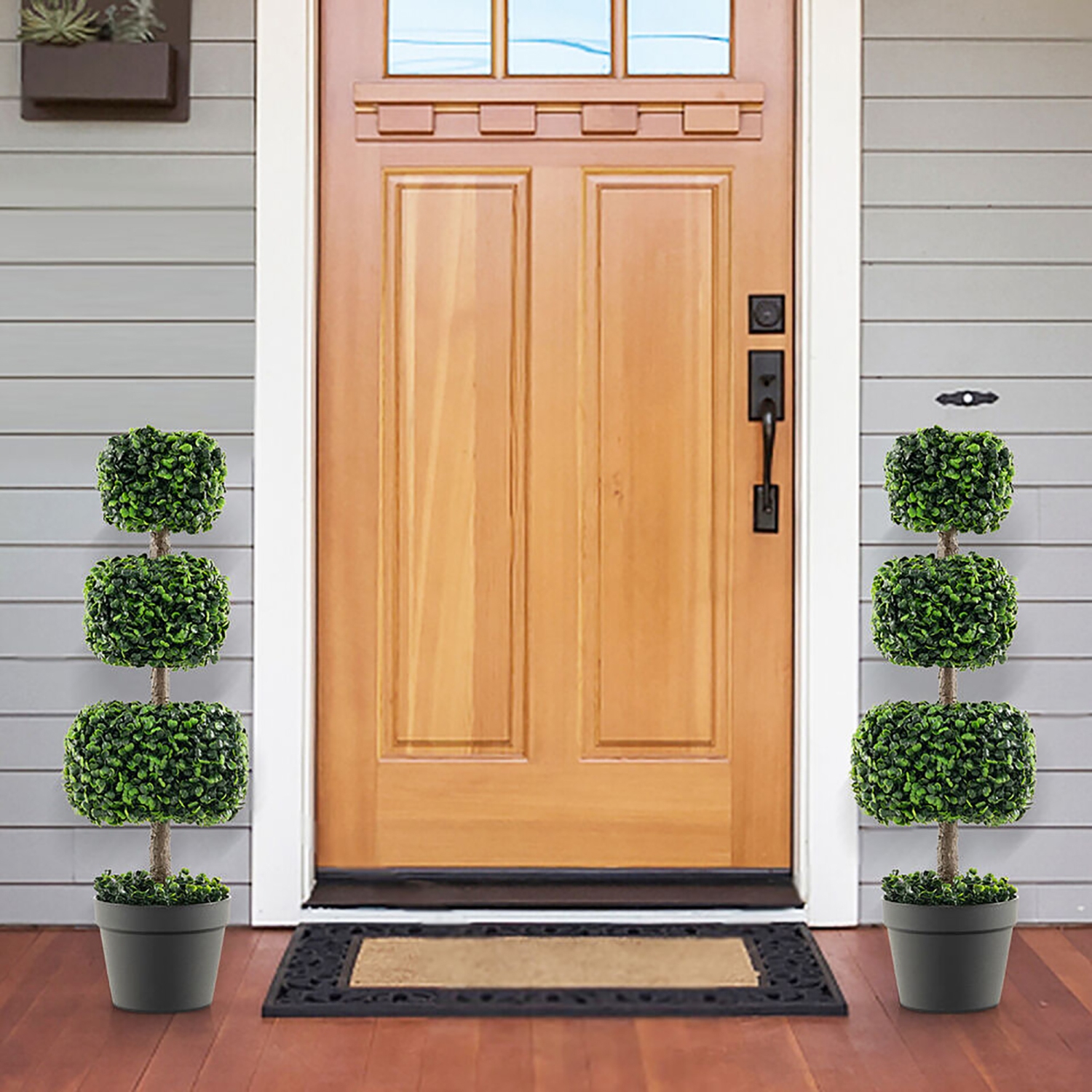 Gymax 2 PCS 35'' Artificial Boxwood Topiary Tree Faux Greenery Plant Fake Tree for Decoration