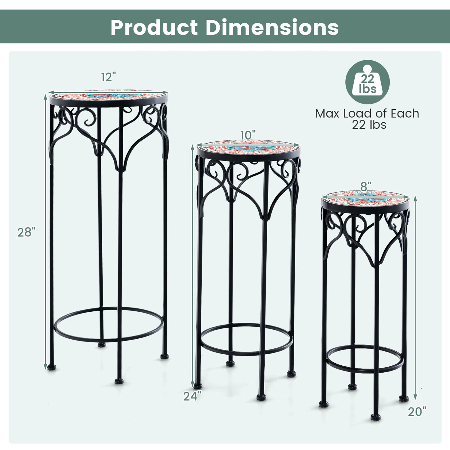 Gymax Metal Plant Stand Set of 3 Mosaic Display Rack for Potted Plants 20'' 24'' 28''