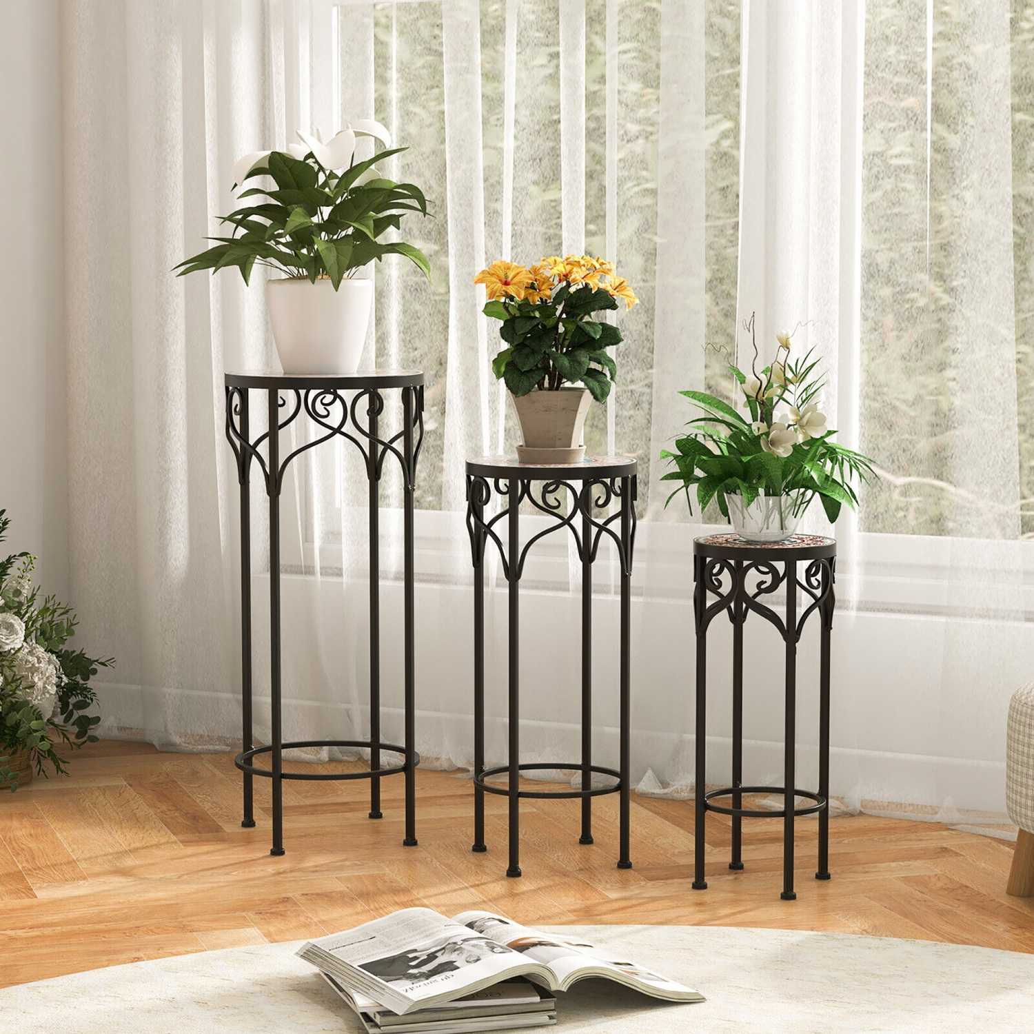 Gymax Metal Plant Stand Set of 3 Mosaic Display Rack for Potted Plants 20'' 24'' 28''