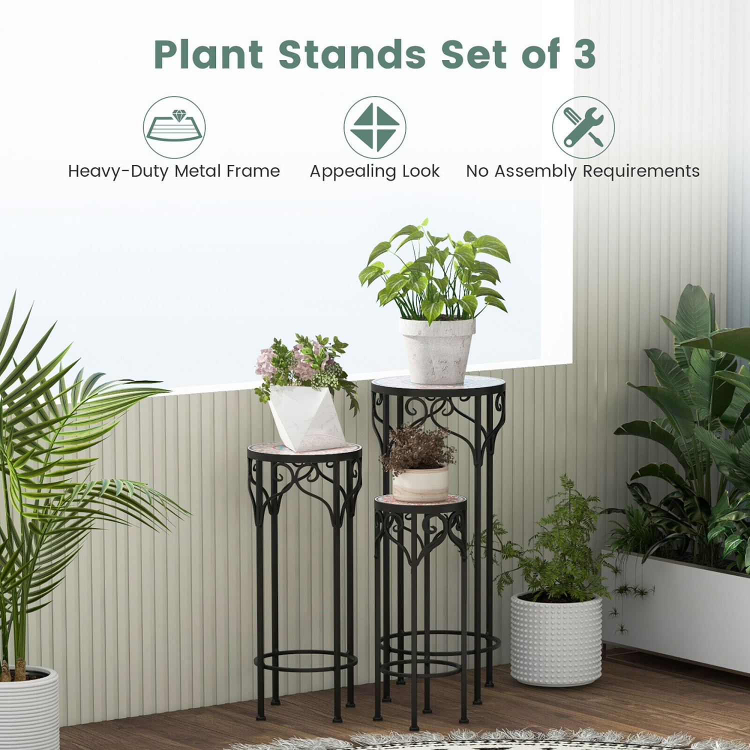 Gymax Metal Plant Stand Set of 3 Mosaic Display Rack for Potted Plants 20'' 24'' 28''