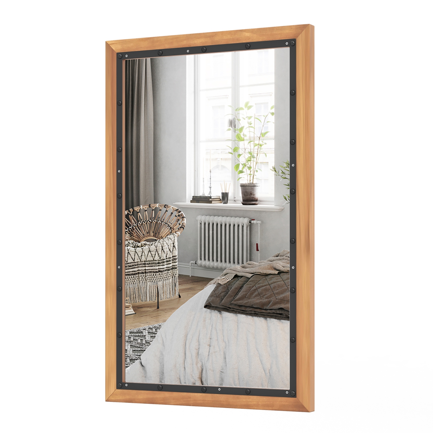 Gymax Rustic Wood Mirror Rectangular Frame Decor Wall Mounted Mirror w/ Back Board