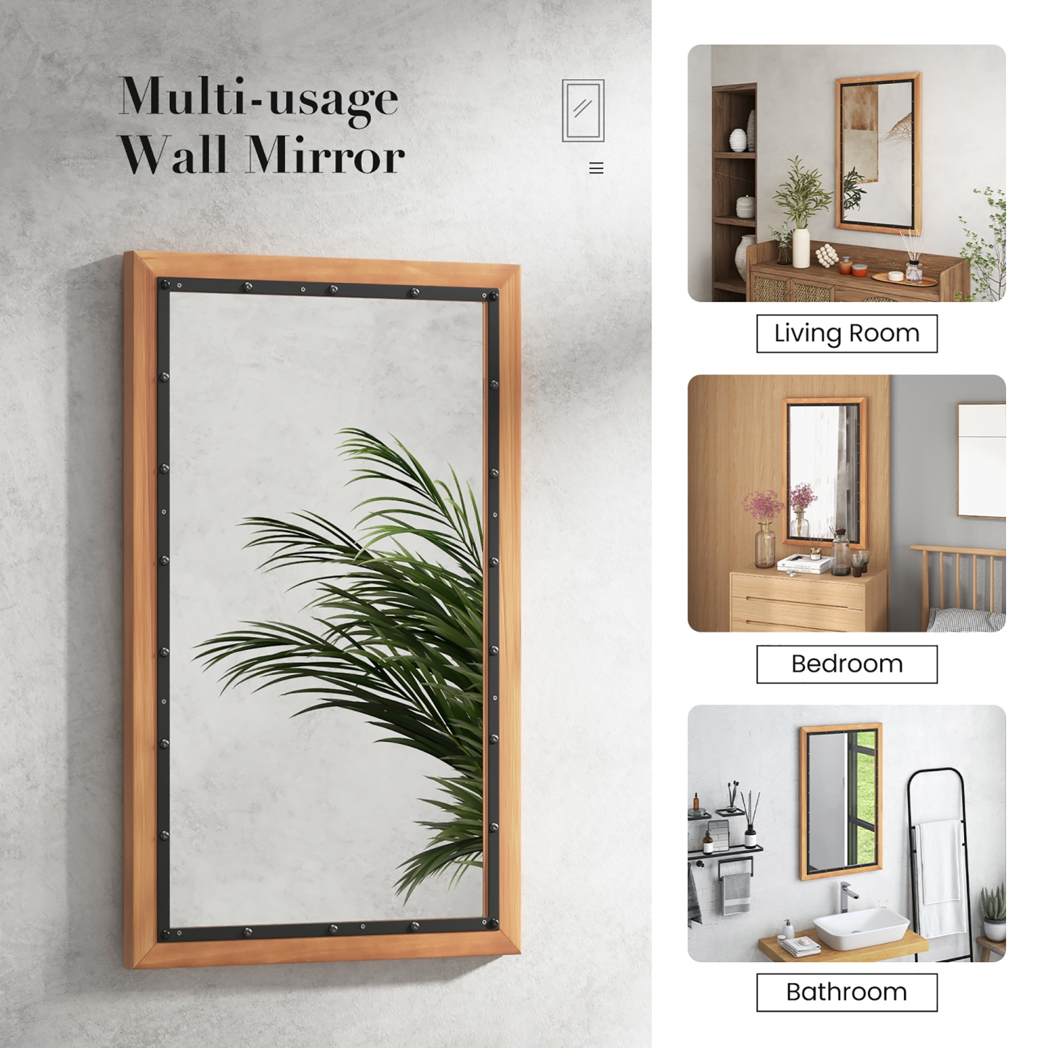 Gymax Rustic Wood Mirror Rectangular Frame Decor Wall Mounted Mirror w/ Back Board