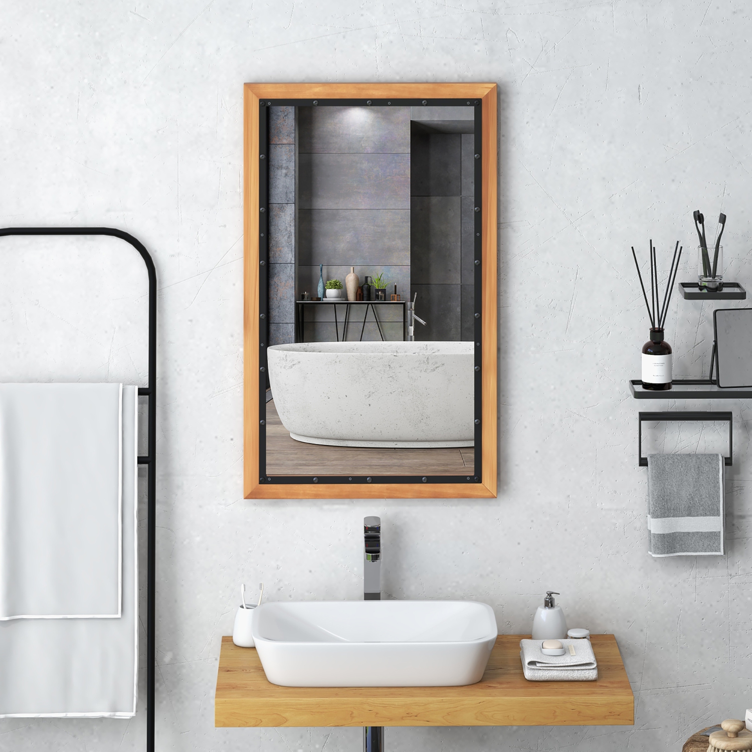 Gymax Rustic Wood Mirror Rectangular Frame Decor Wall Mounted Mirror w/ Back Board