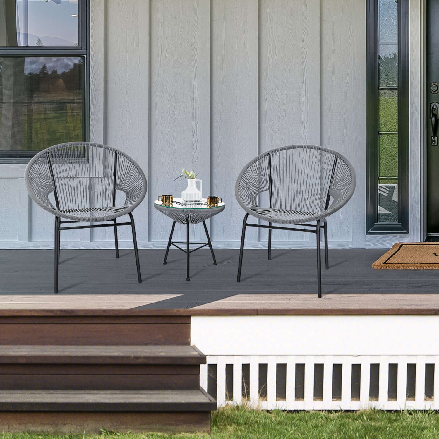 Gymax 3 Pieces Acapulco Chair Set Wicker Conversation Bistro Set w/ Tempered Glass Table