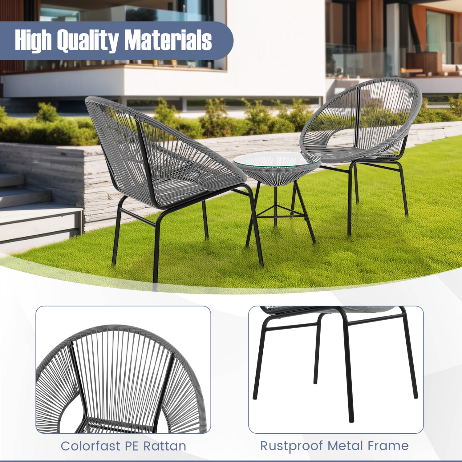 Gymax 3 Pieces Acapulco Chair Set Wicker Conversation Bistro Set w/ Tempered Glass Table