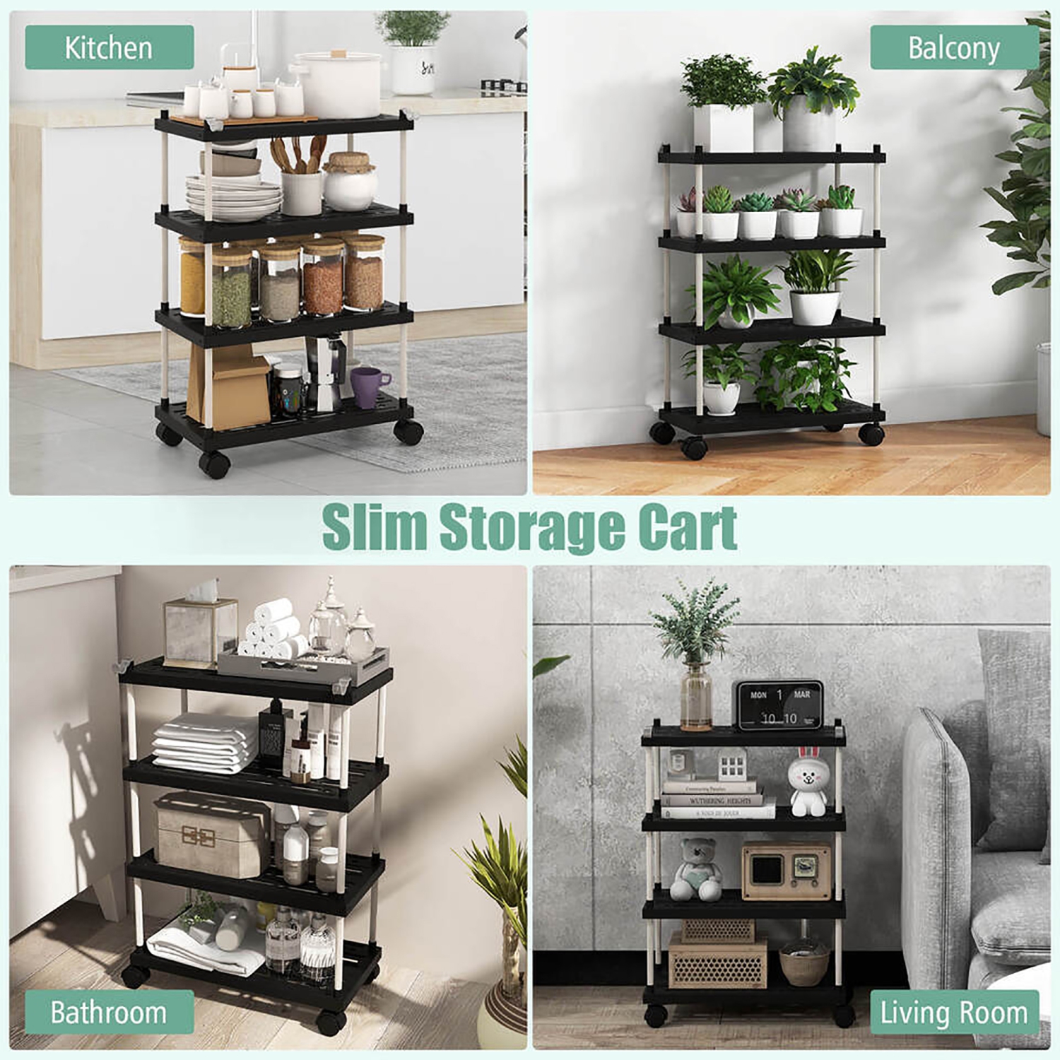 Gymax 4-Tier Slim Storage Cart Kitchen Organizer Utility Cart w/Lockable Wheels
