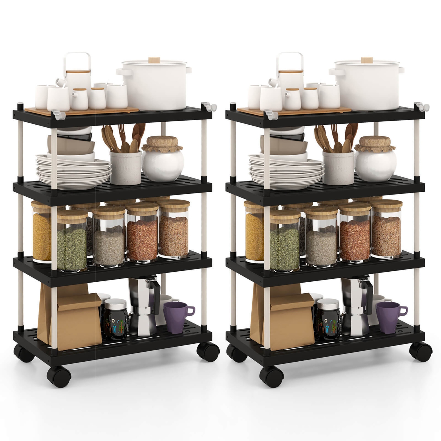 Gymax 2 PCS 4-Tier Slim Storage Cart Kitchen Organizer Utility Cart w/Lockable Wheels