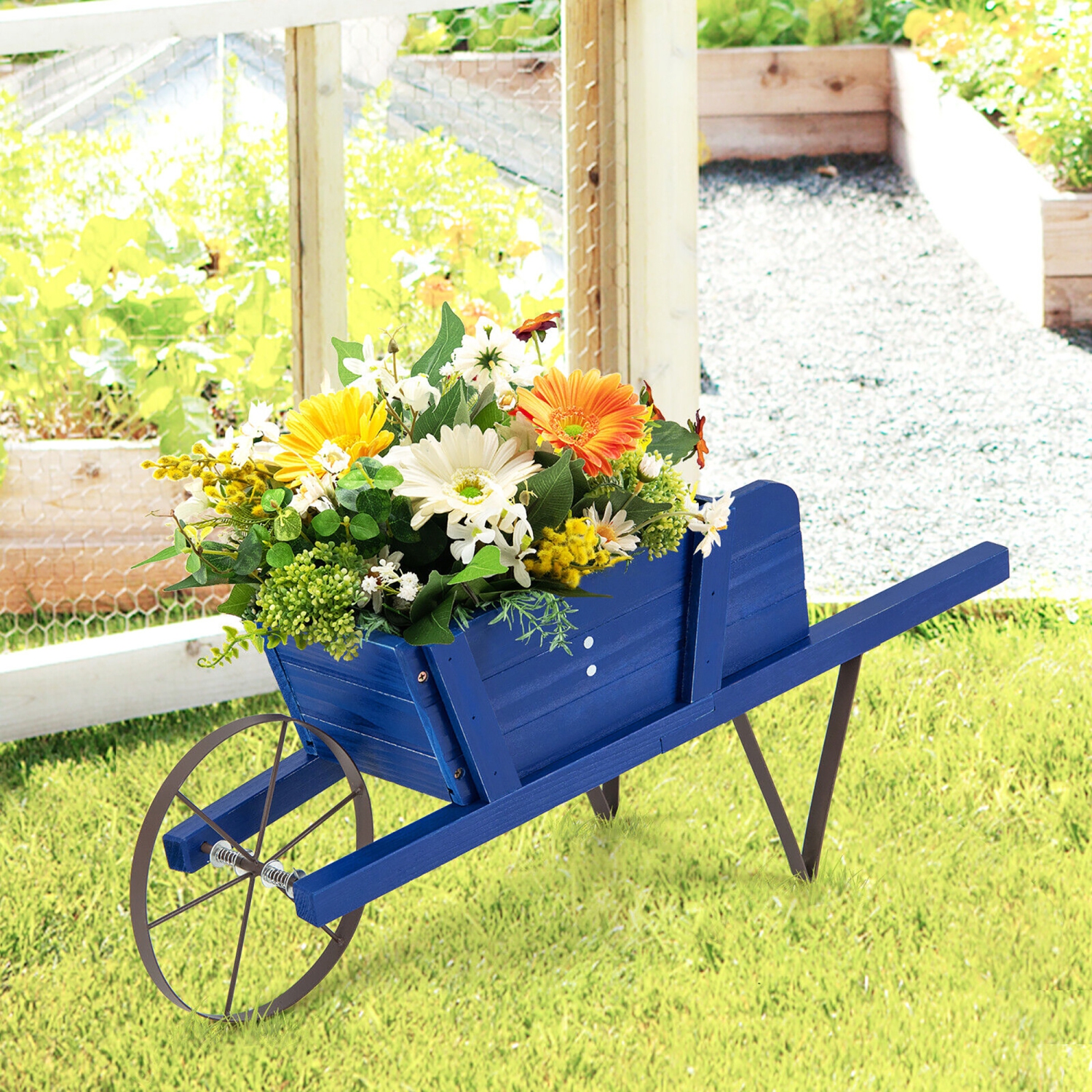 Gymax Wooden Wagon Planter Decorative Indoor/Outdoor Rustic Flower Cart w/Wheel Blue