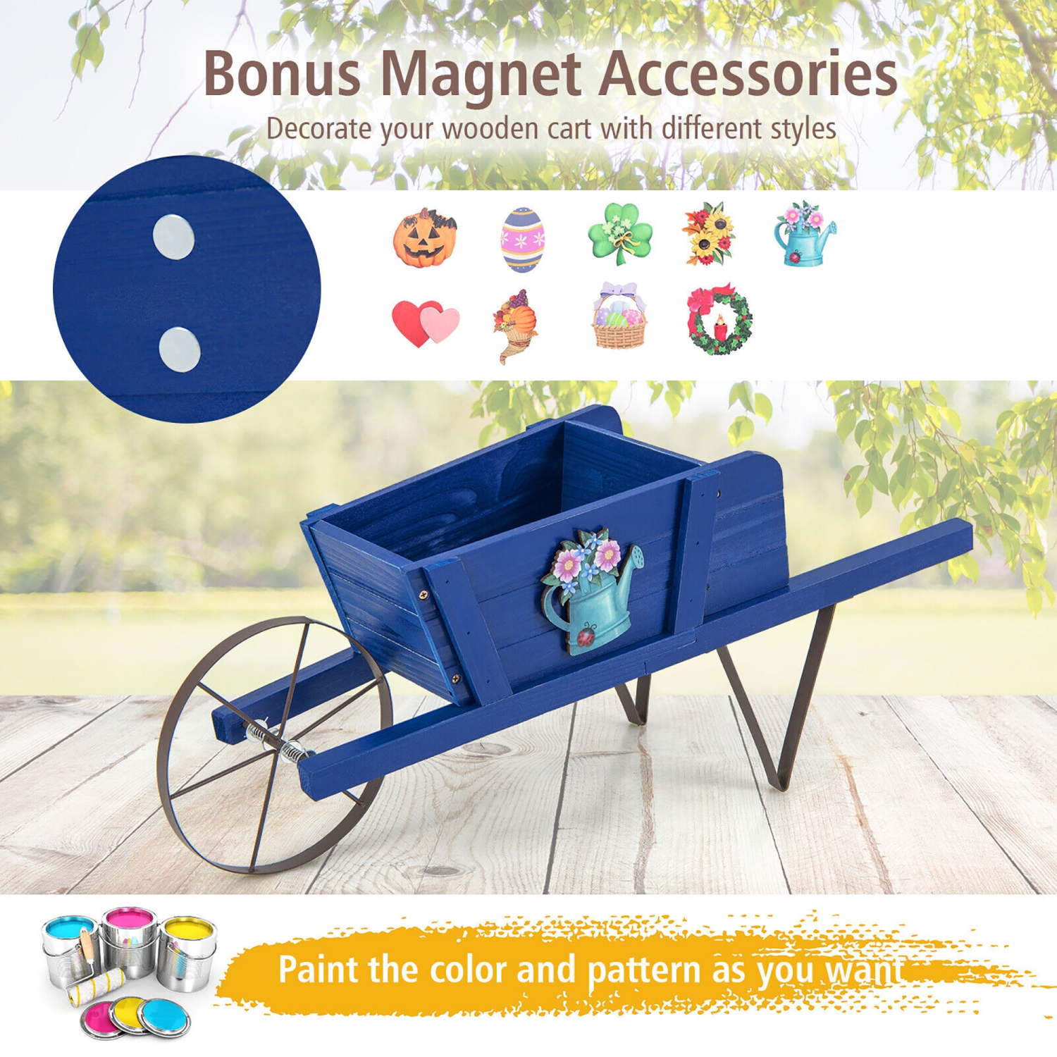 Gymax Wooden Wagon Planter Decorative Indoor/Outdoor Rustic Flower Cart w/Wheel Blue