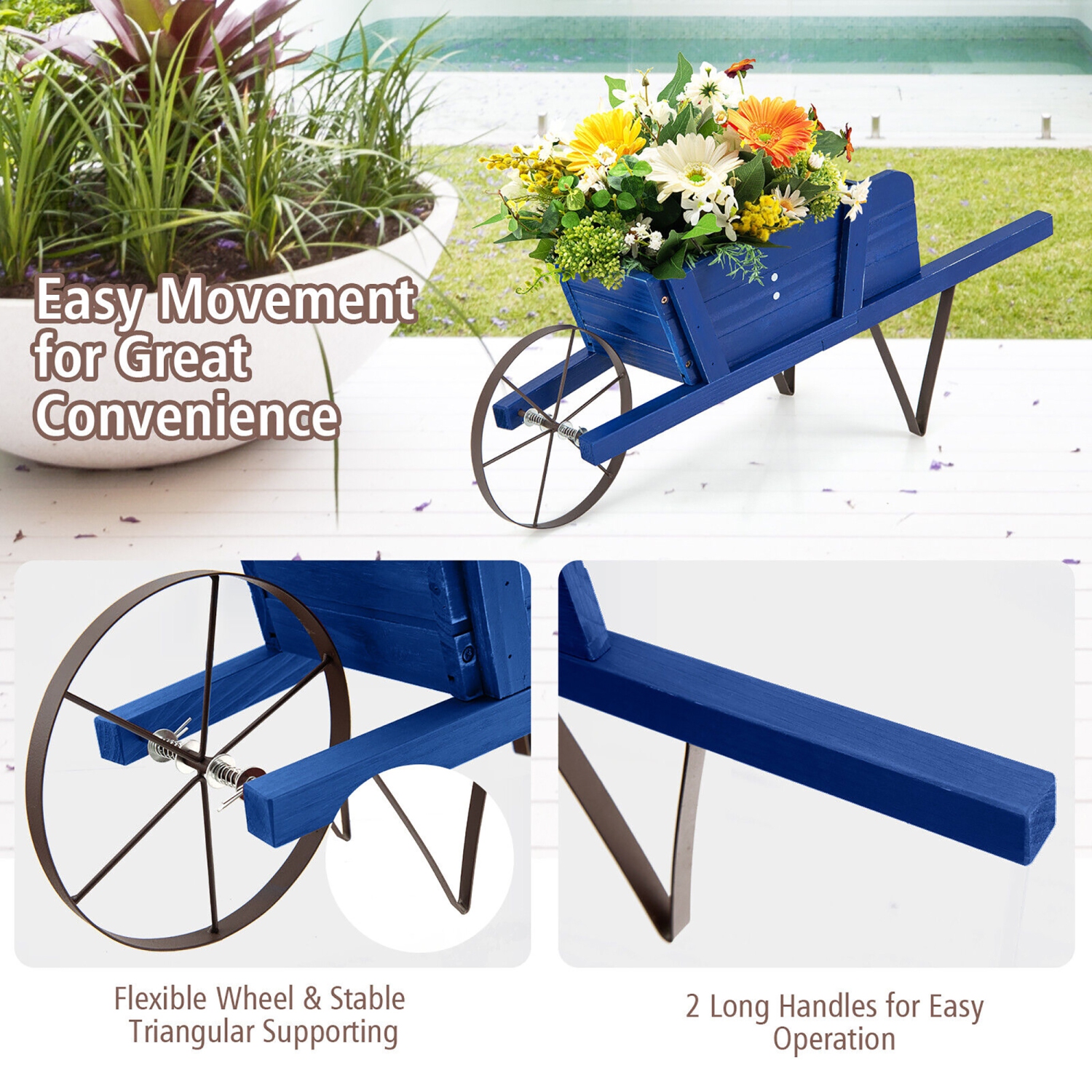 Gymax Wooden Wagon Planter Decorative Indoor/Outdoor Rustic Flower Cart w/Wheel Blue