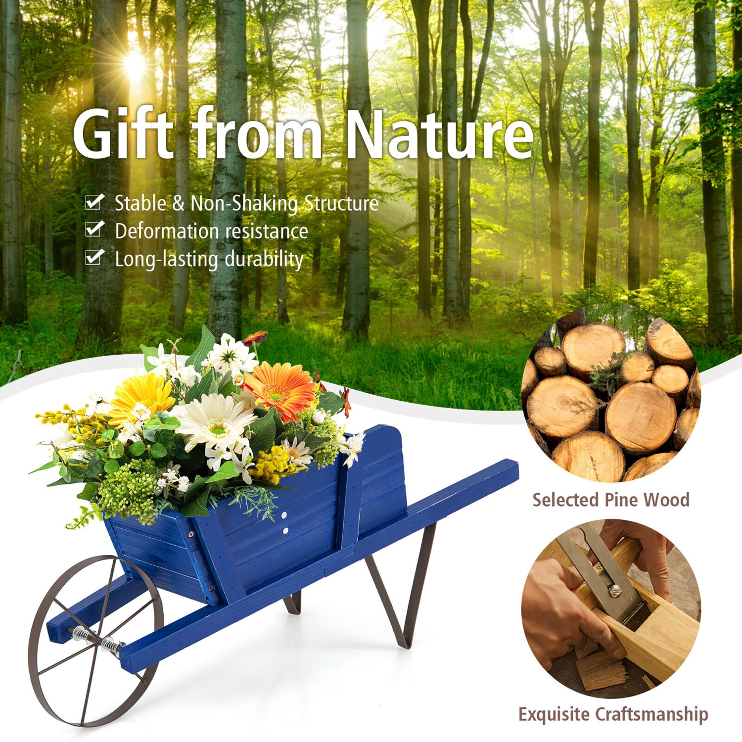 Gymax Wooden Wagon Planter Decorative Indoor/Outdoor Rustic Flower Cart w/Wheel Blue
