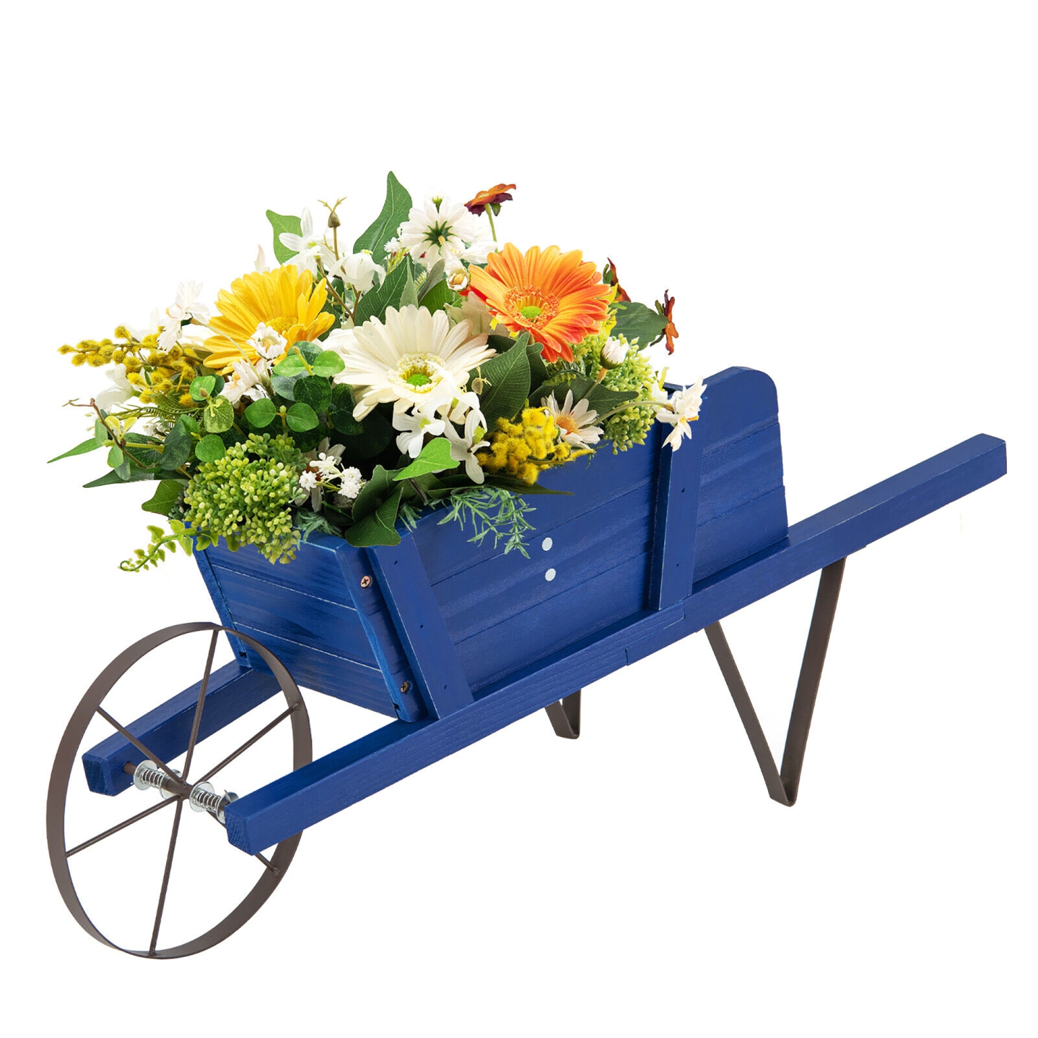 Gymax Wooden Wagon Planter Decorative Indoor/Outdoor Rustic Flower Cart w/Wheel Blue
