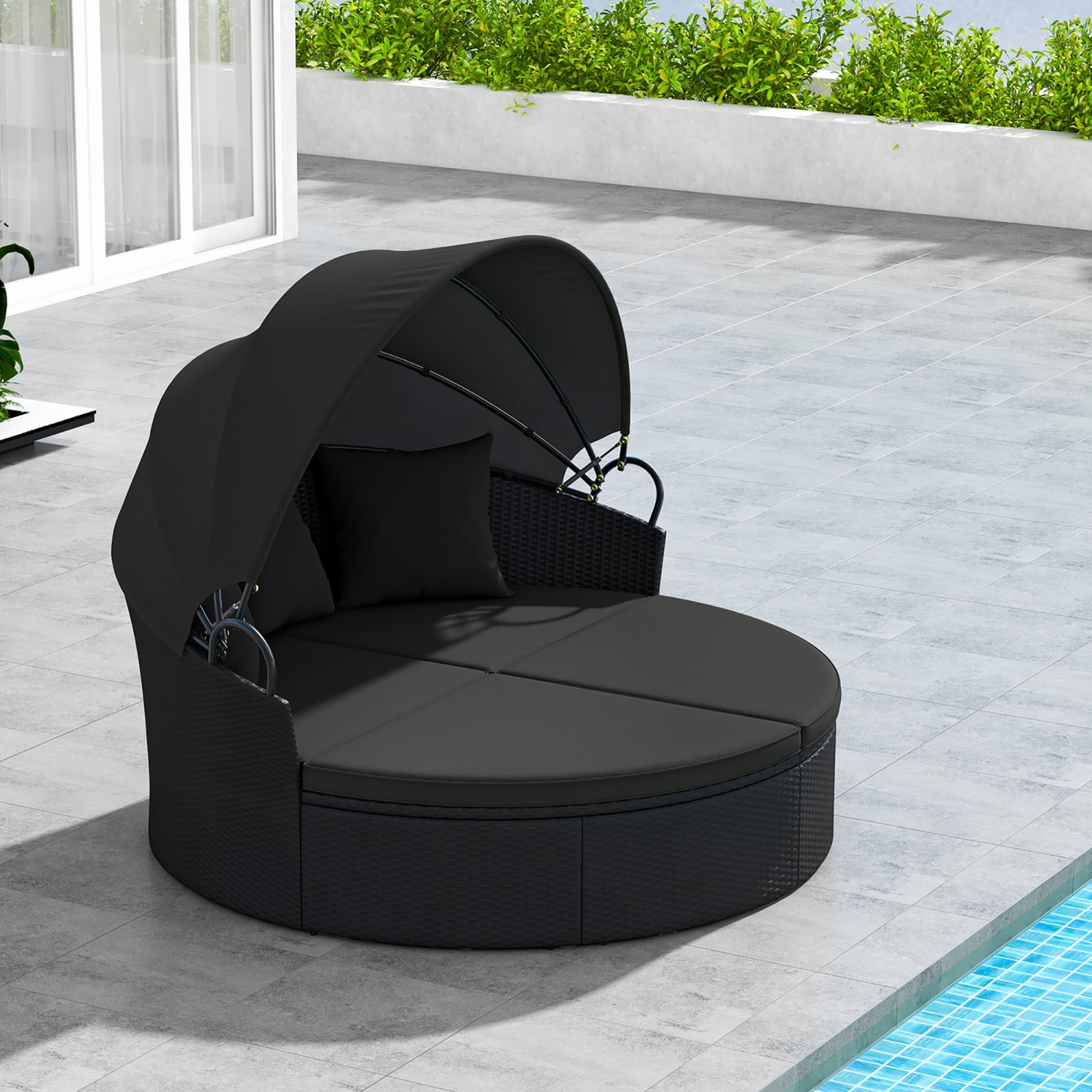 Gymax Patio Round Daybed Wicker Daybed w/ Retractable Canopy Separated Seating Sectional Sofa