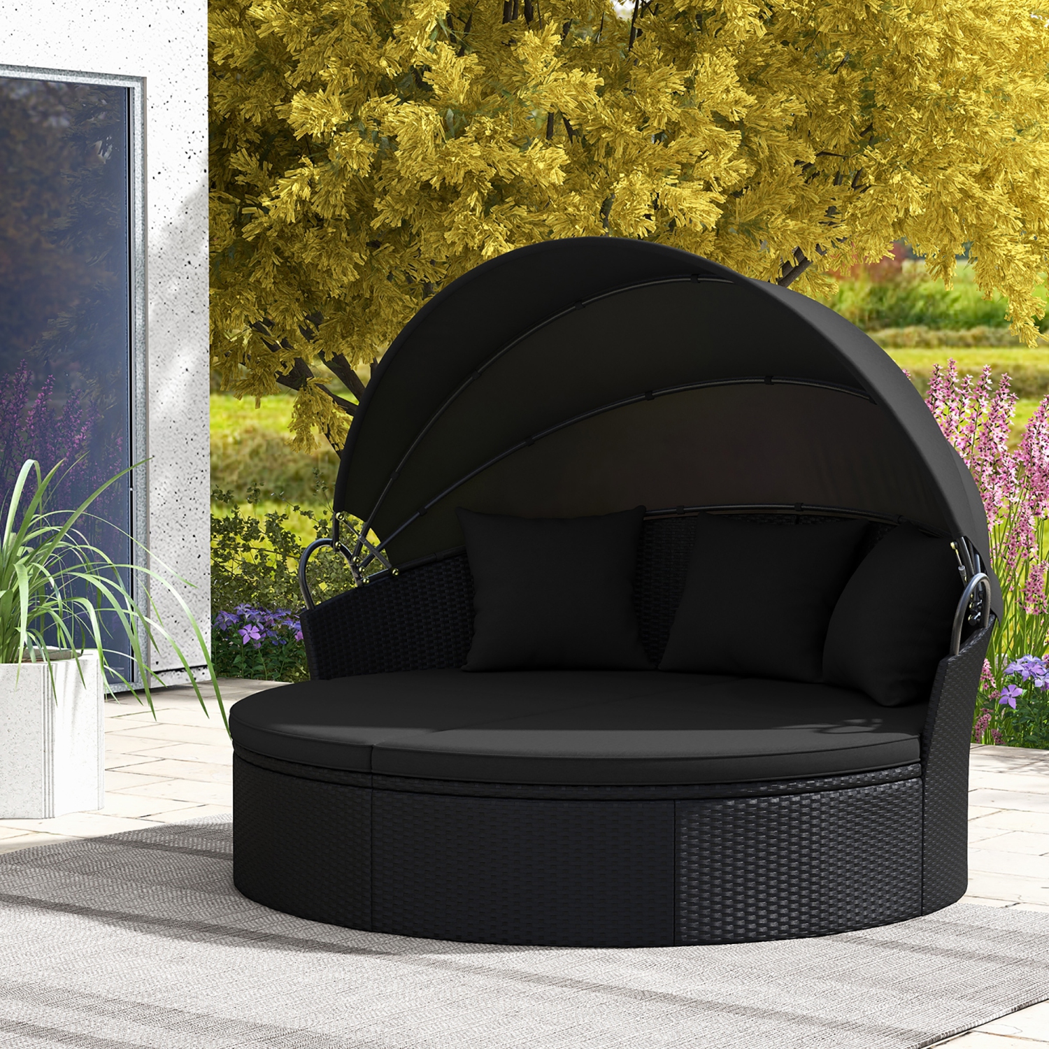 Gymax Patio Round Daybed Wicker Daybed w/ Retractable Canopy Separated Seating Sectional Sofa