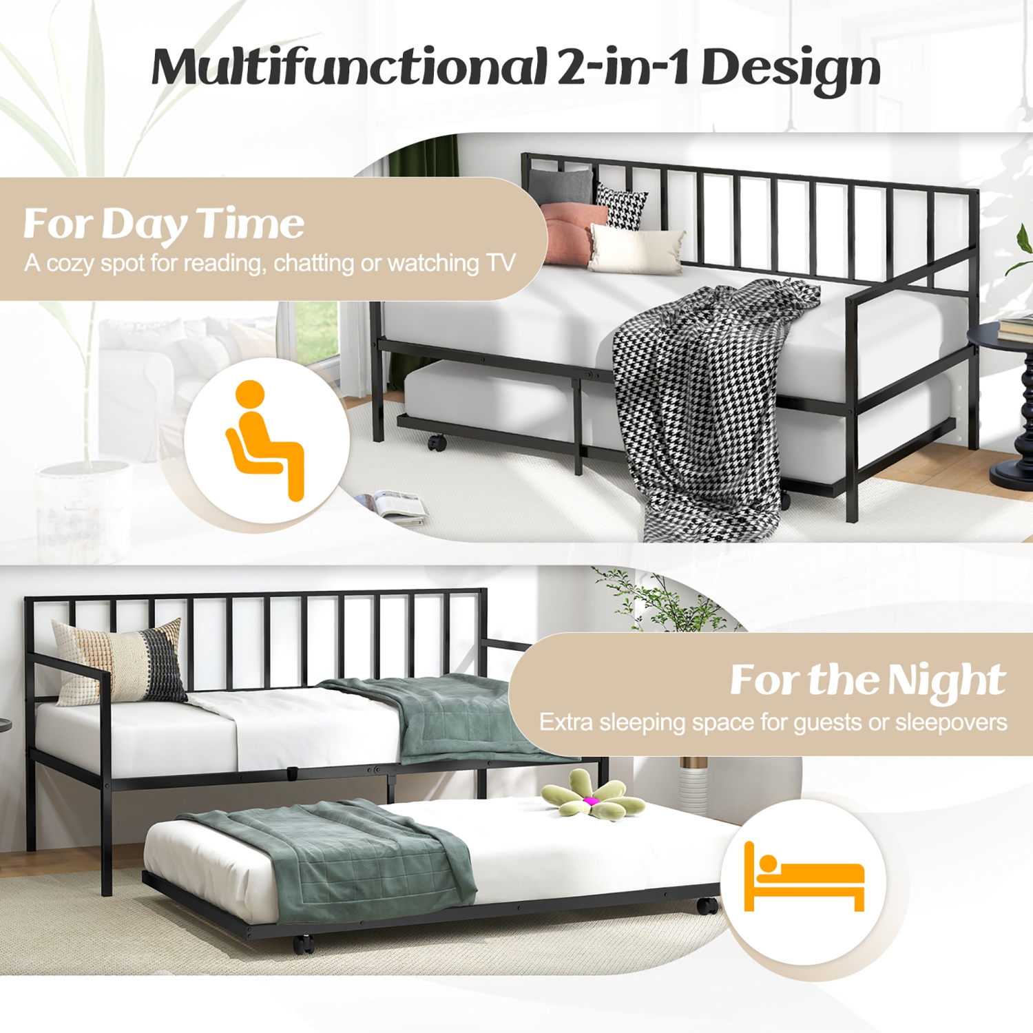 Gymax Twin Metal Daybed Sofa Bed with Trundle & Lockable Casters for Living Room