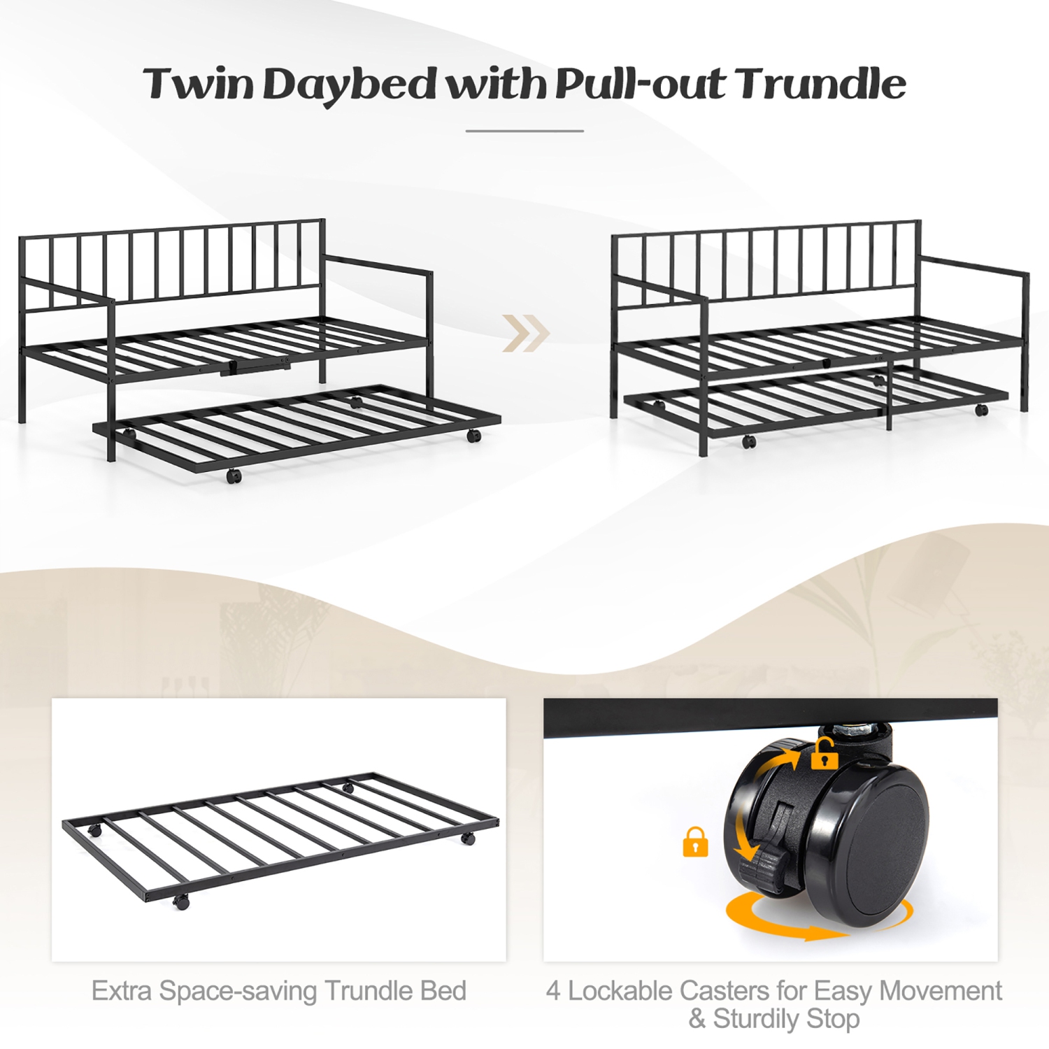 Gymax Twin Metal Daybed Sofa Bed with Trundle & Lockable Casters for Living Room