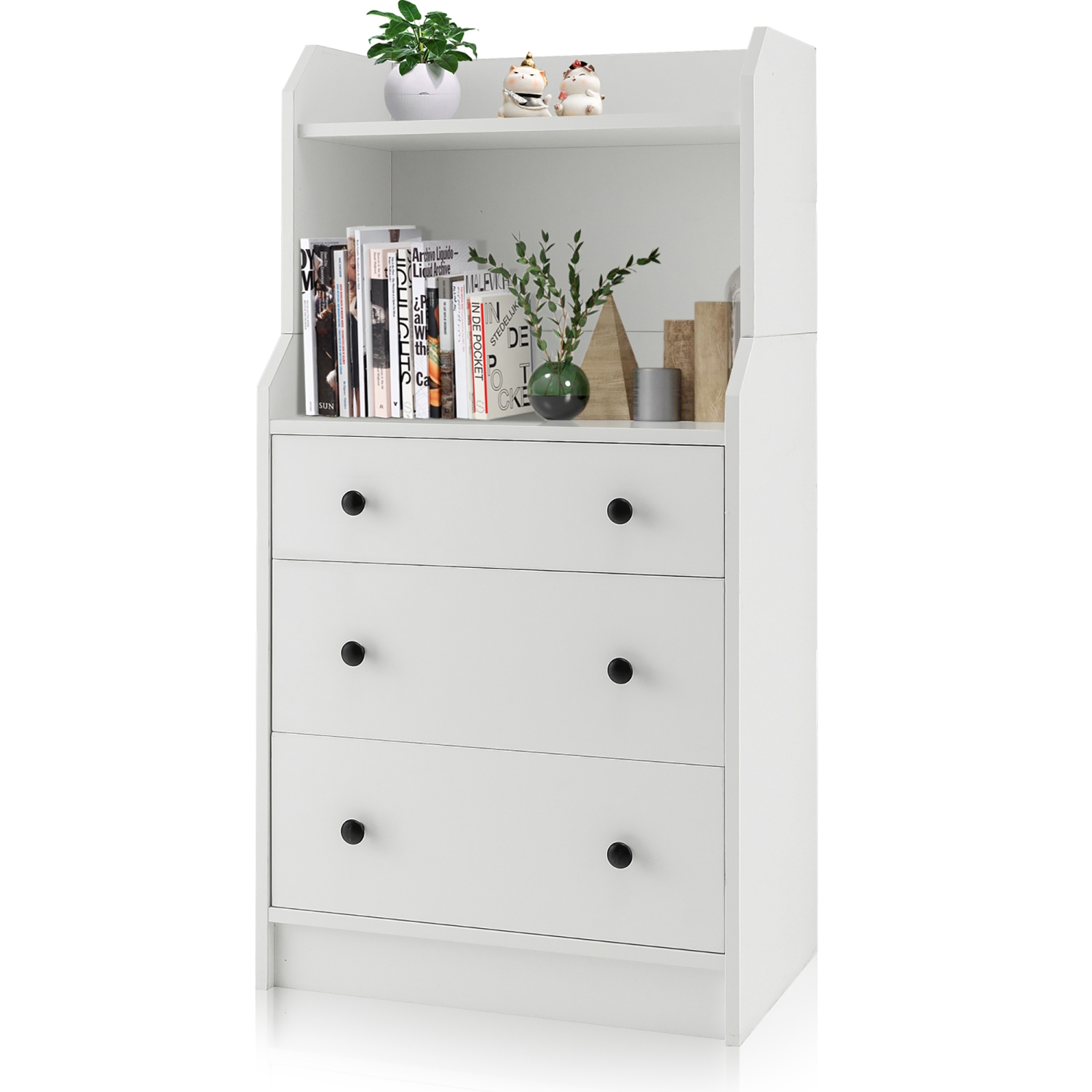 Gymax 3-Drawer Dresser 44'' Tall Wood Storage Organizer Chest w/ 2 Open Shelves White