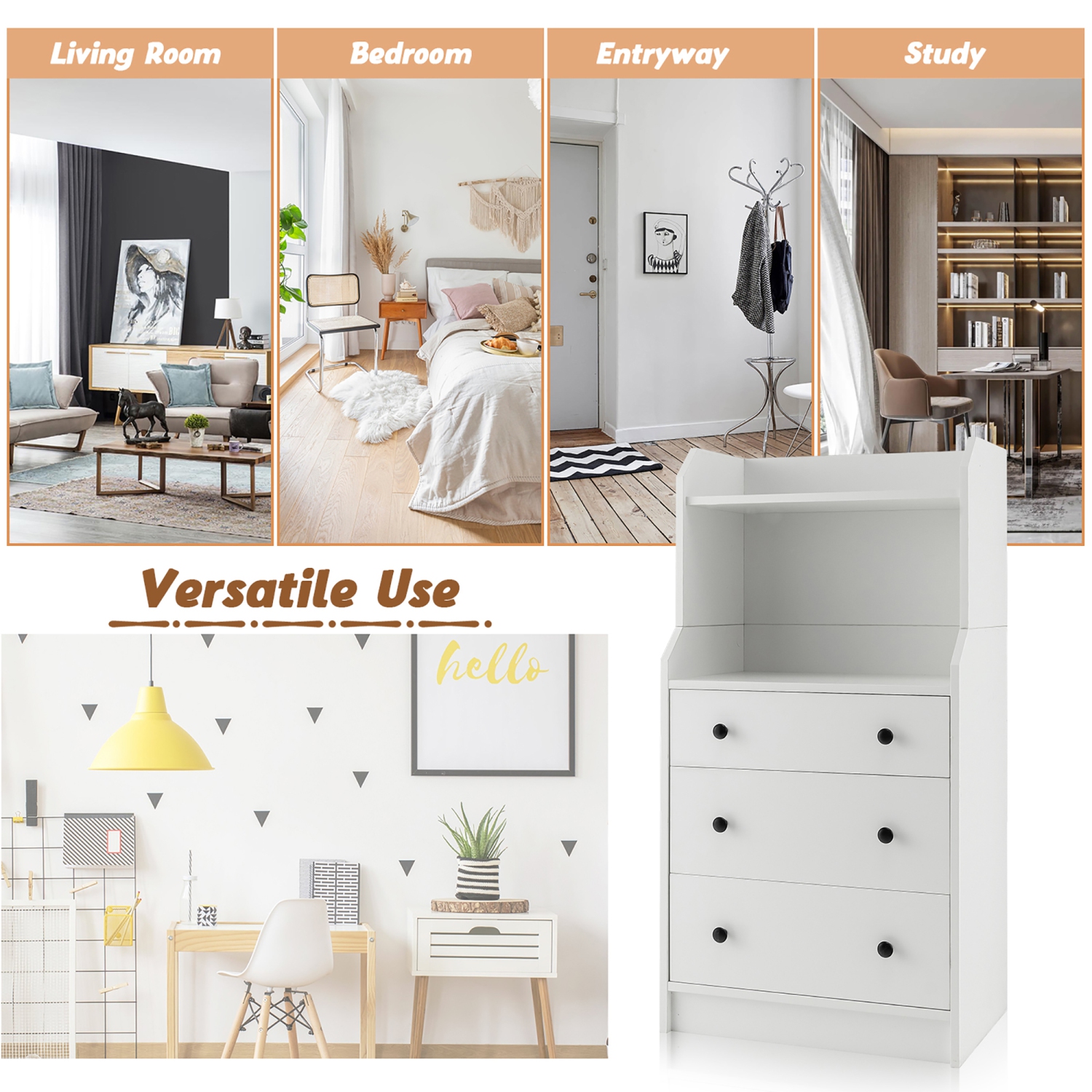 Gymax 3-Drawer Dresser 44'' Tall Wood Storage Organizer Chest w/ 2 Open Shelves White