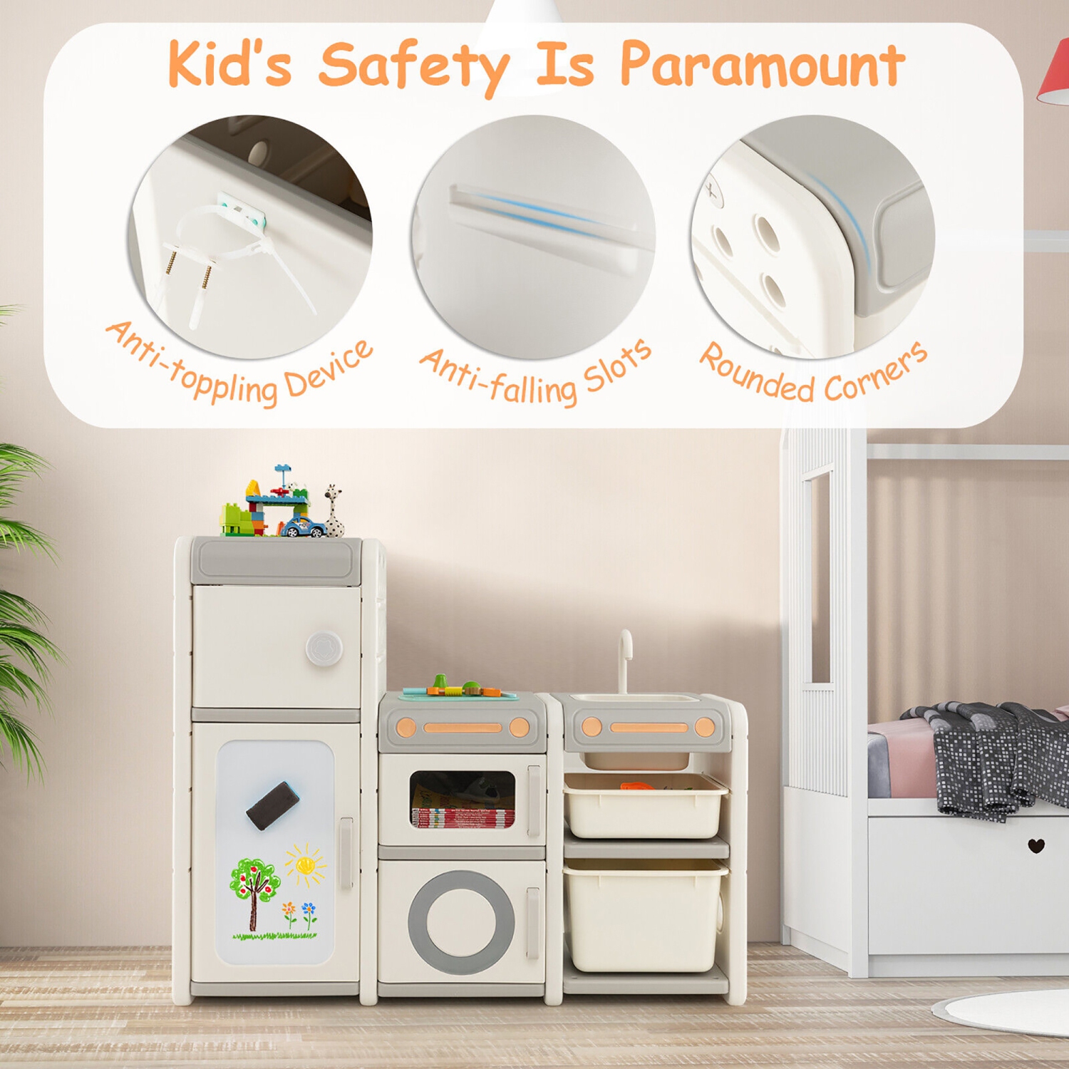 Gymax Kids Toy Storage Organizer Multipurpose Bookshelf w/ Magnetic Whiteboard & Bins