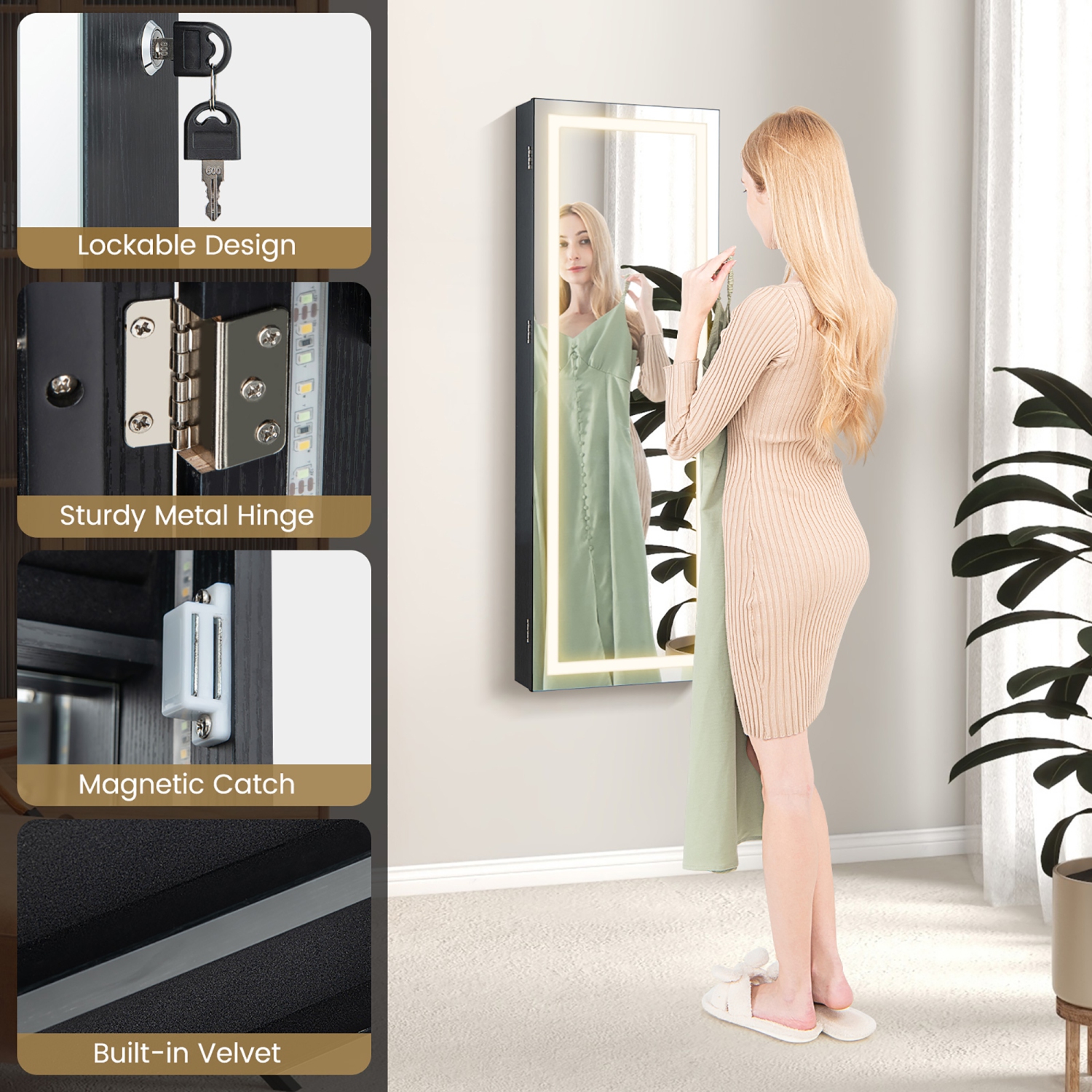 Gymax LED Mirror Jewelry Cabinet Wall/Door Mounted Organizer Armoire w/ 3 Color Light