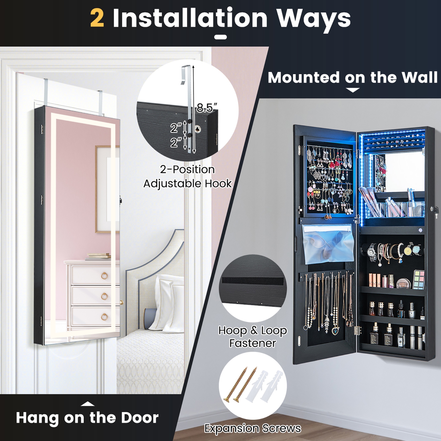 Gymax LED Mirror Jewelry Cabinet Wall/Door Mounted Organizer Armoire w/ 3 Color Light