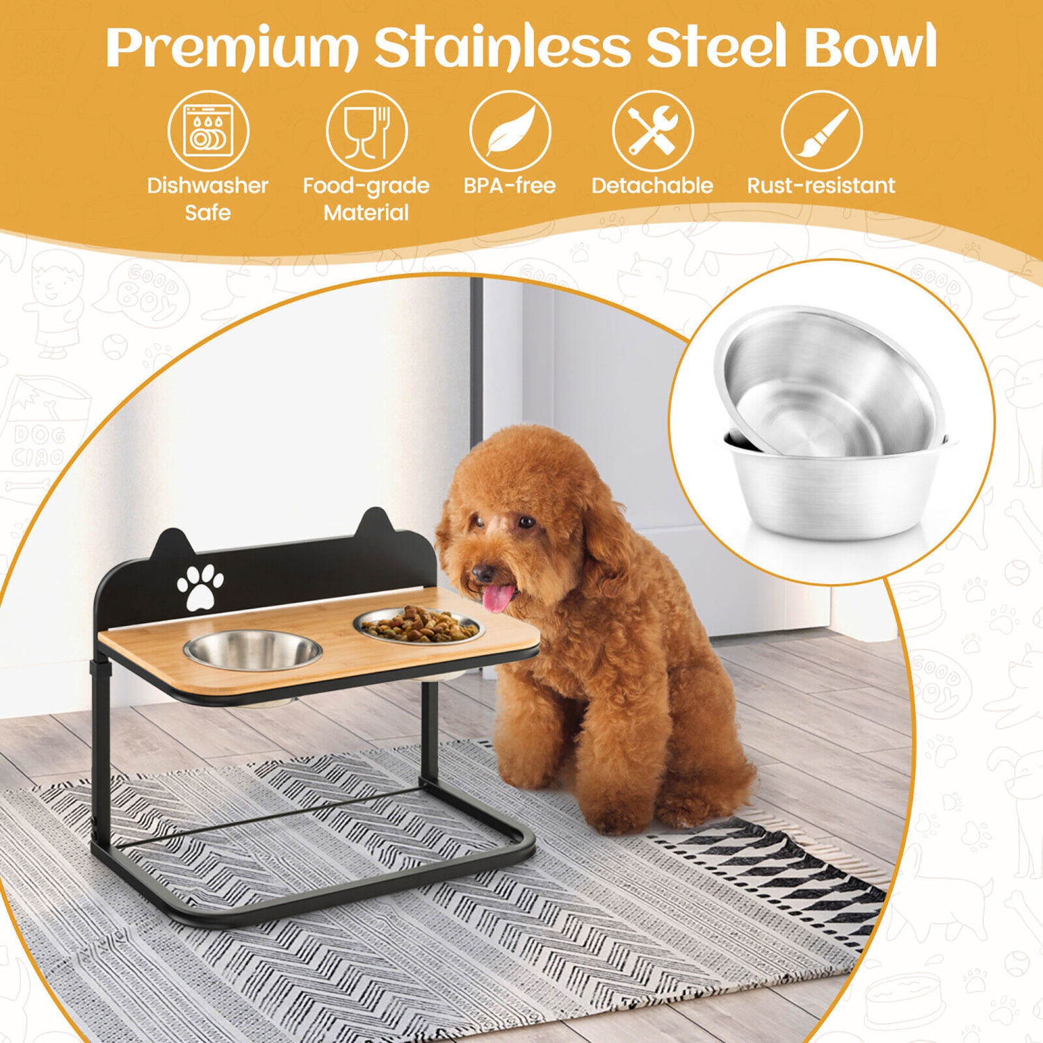 Gymax Elevated Dog Bowls 3 Adjustable Heights with 2 Stainless Steel Food Water Bowls